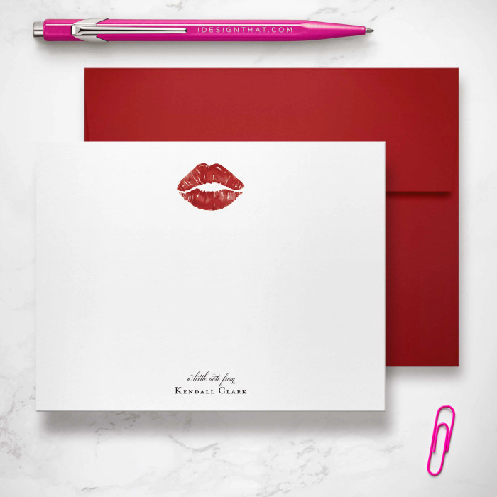 Romantic Kiss flat notecard showing red lipstick kiss and custom wording with a red envelope.