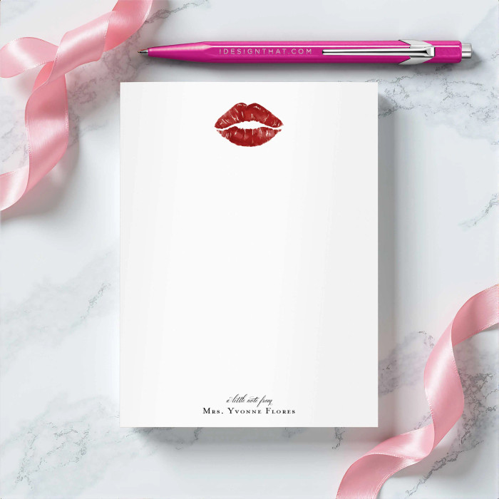 Personalized rectangular notepad with lipstick-kiss and “a little note from”; romantic custom stationery for her.