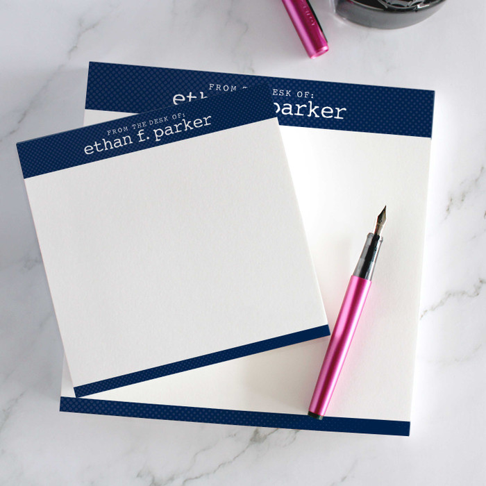 Custom square notepads with "From the Desk of" typewriter-style name in navy ink