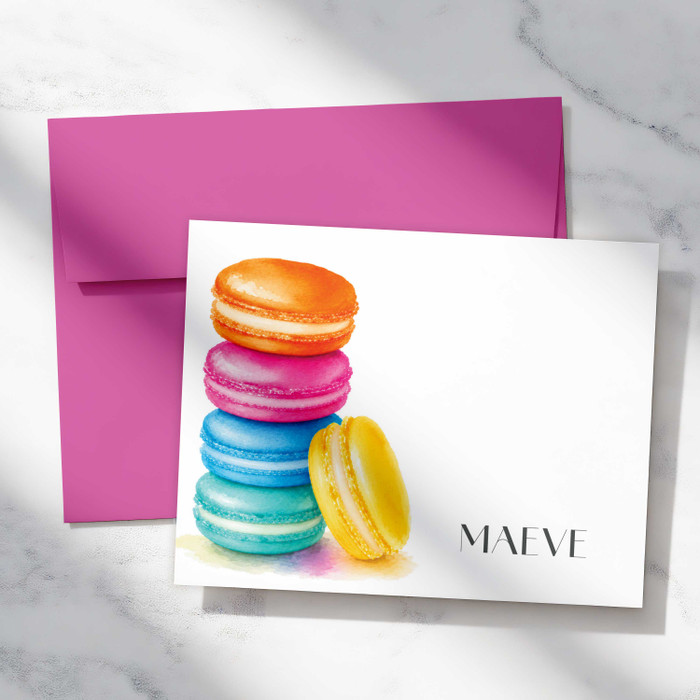 Personalized Macaron folded notecards with colorful watercolor French macarons and a printed name