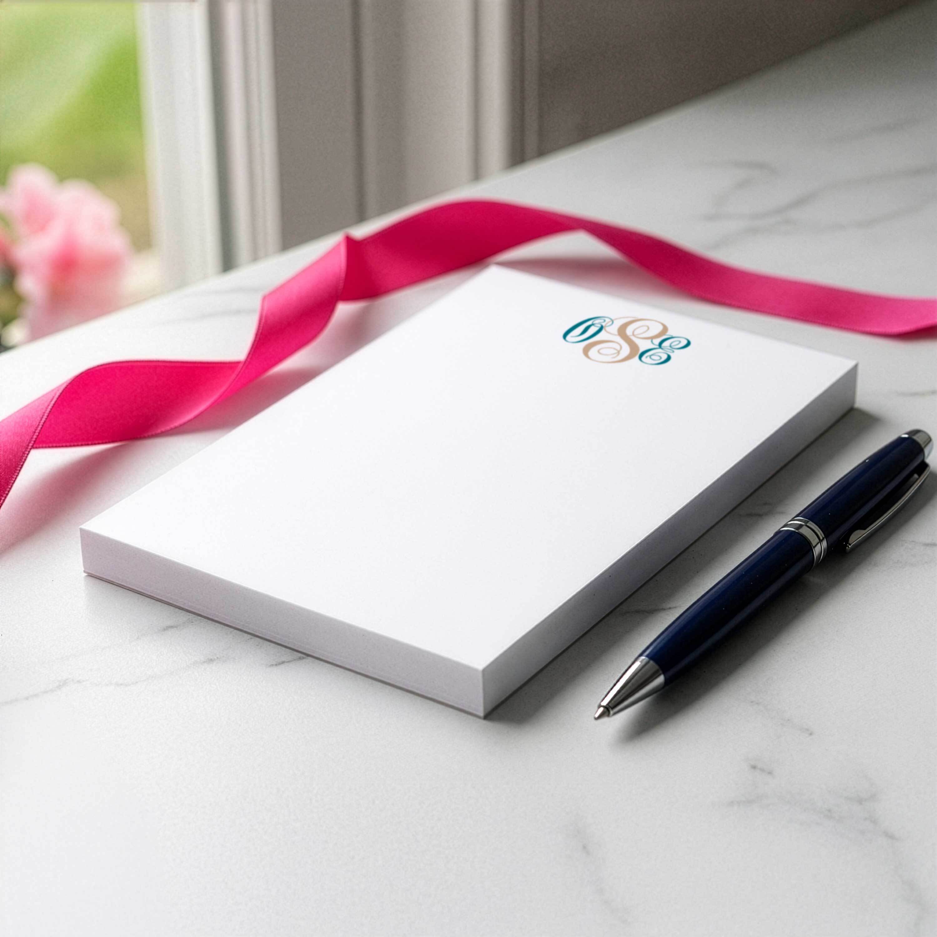 Traditional Script monogram notepad shown as a personalized stationery gift for couples.