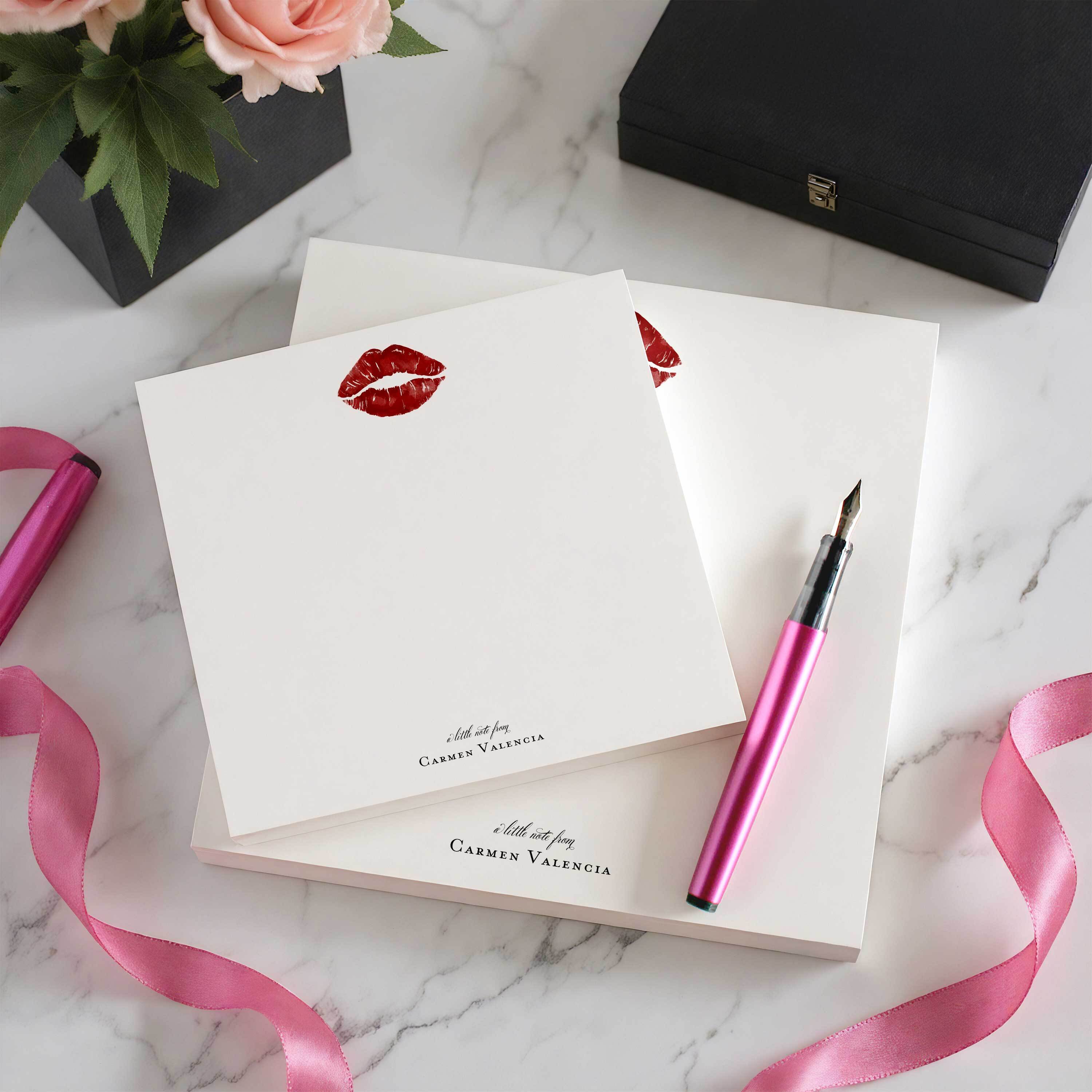 Personalized Romantic Kiss stationery set with red lipstick print, custom name, and pink fountain pen — perfect Valentine’s or anniversary gift