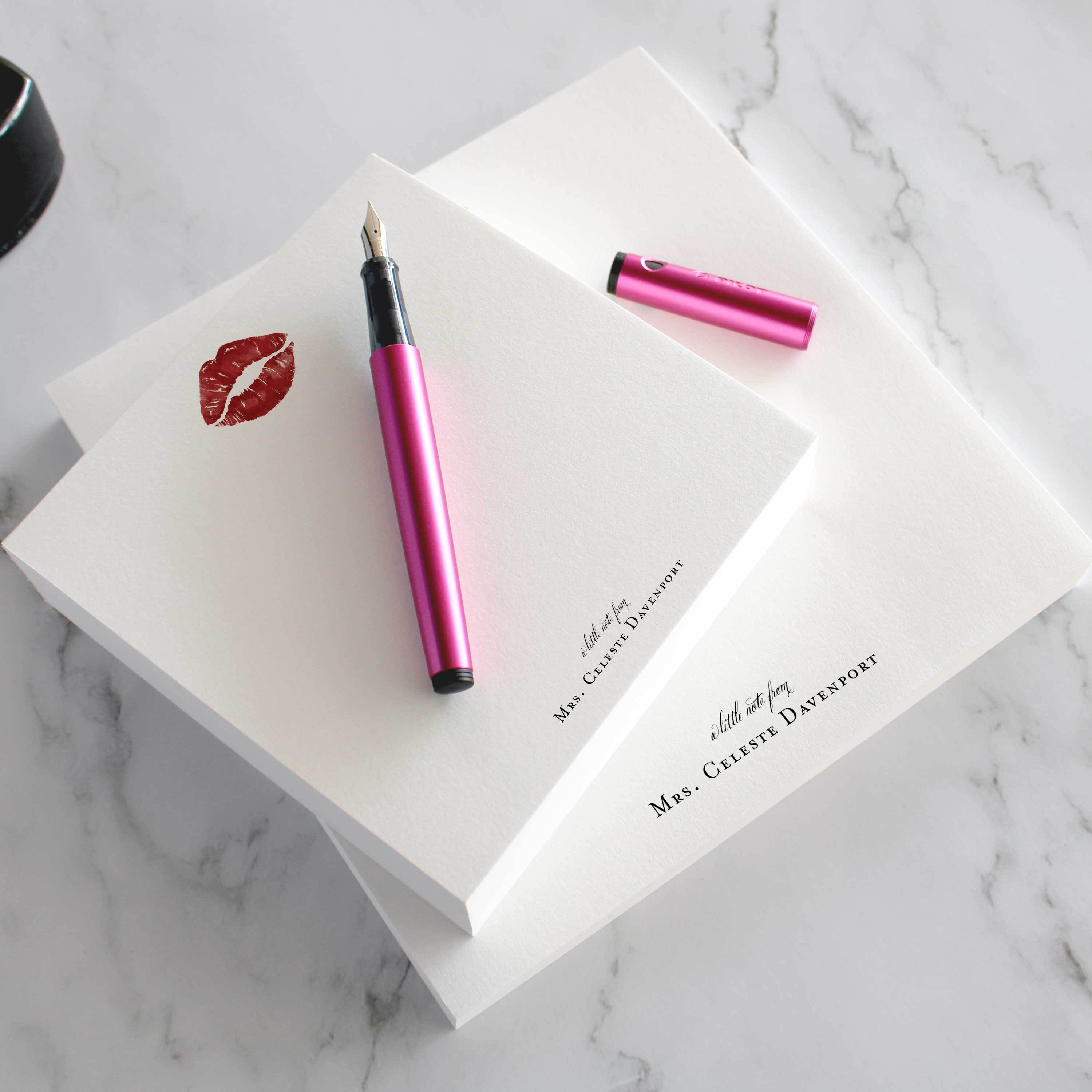 Custom Romantic Kiss notepads with lipstick mark and personalized name, luxury paper gift for her with pink fountain pen