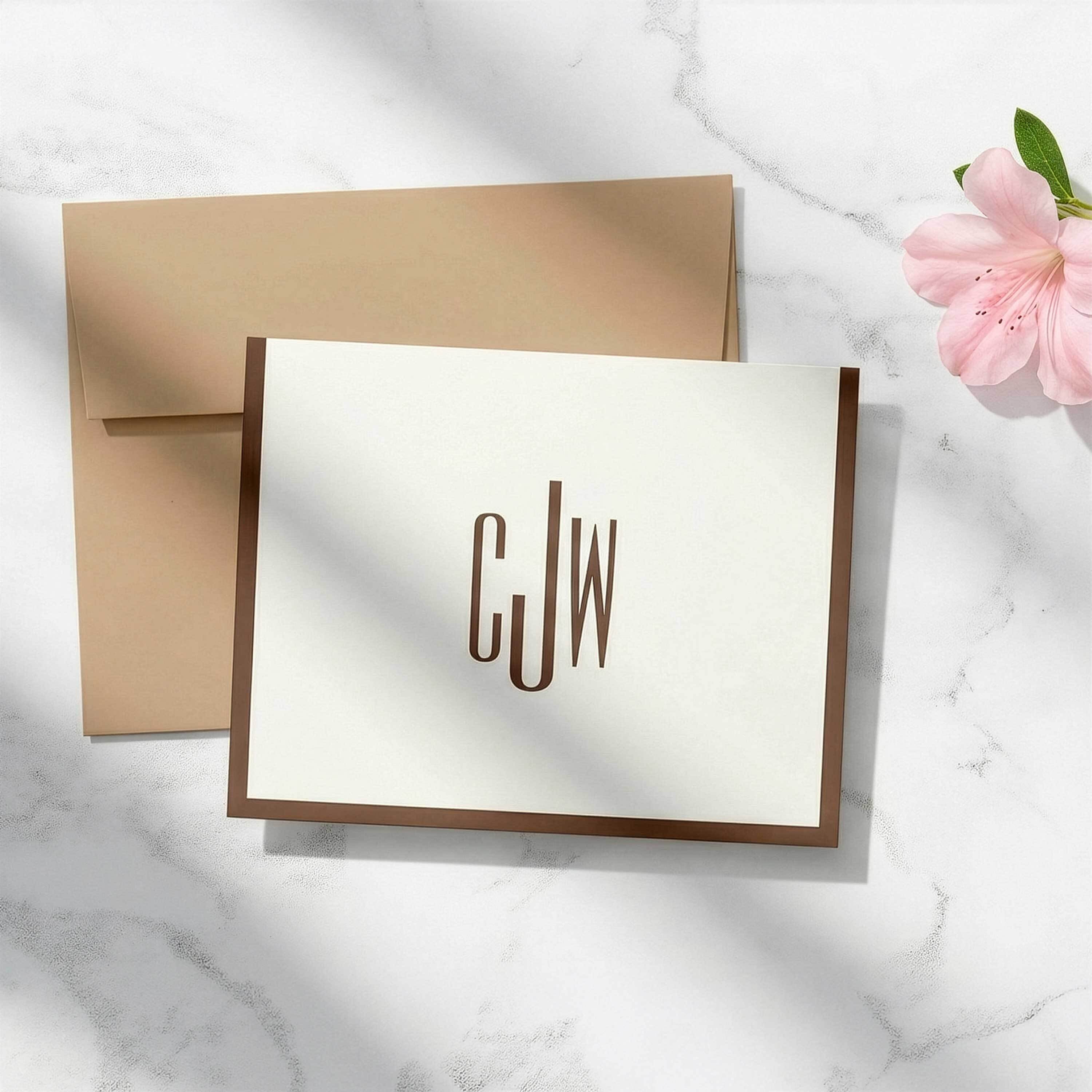 Slim Monogram folded notecards shown as personalized stationery for couples and wedding thank-you notes.