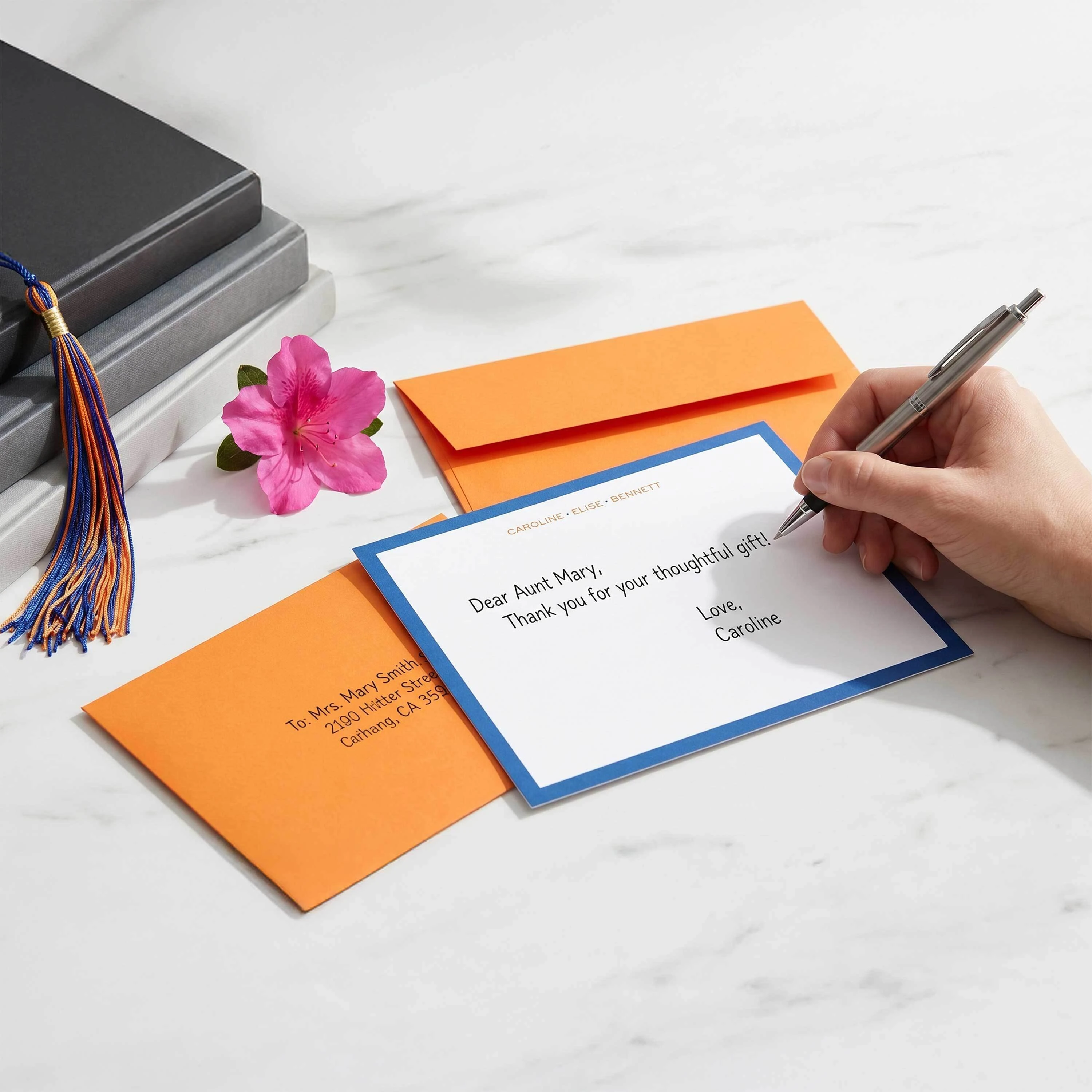 Personalized graduation gifts including custom notecards and thank-you stationery for graduates