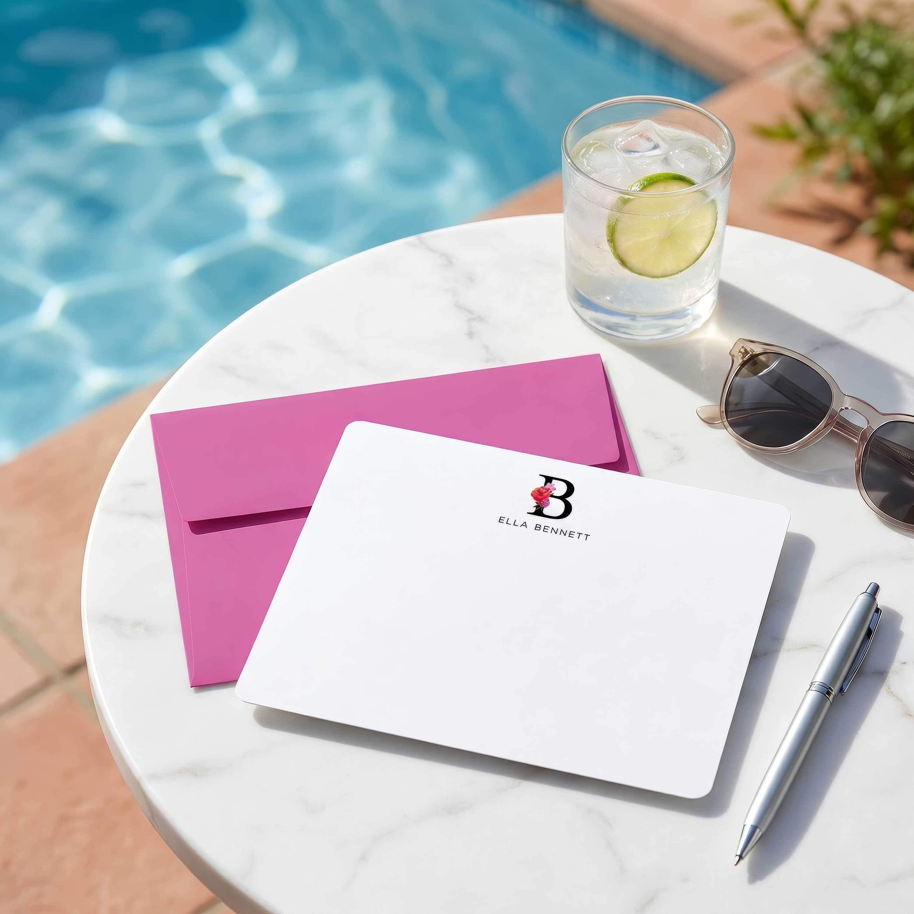 Little luxury personalized stationery gift with custom flat notecard, pink envelope, sunglasses, and summer drink