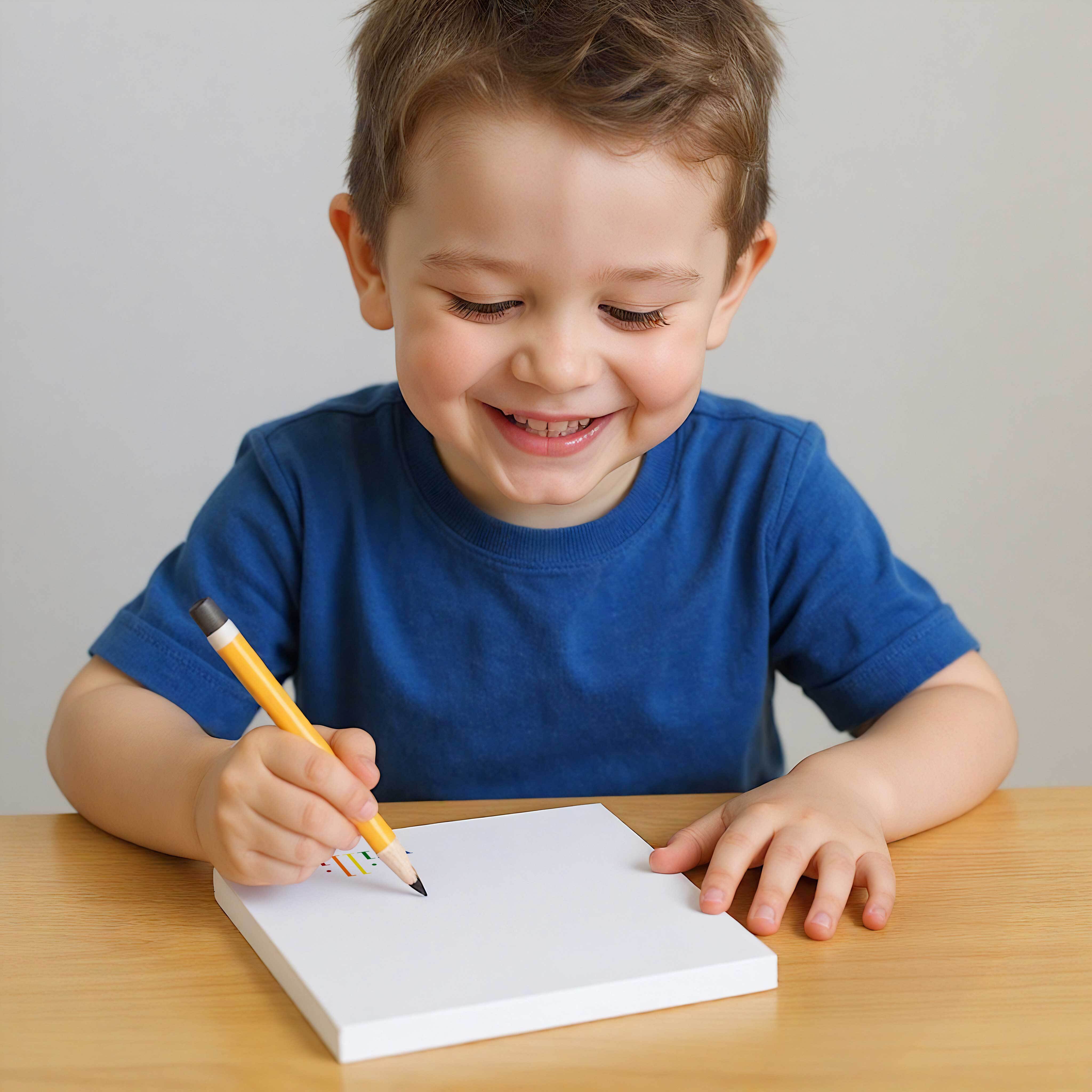 Smiling young boy writing on a personalized rainbow name notepad, showing joy in using his own stationery gift.