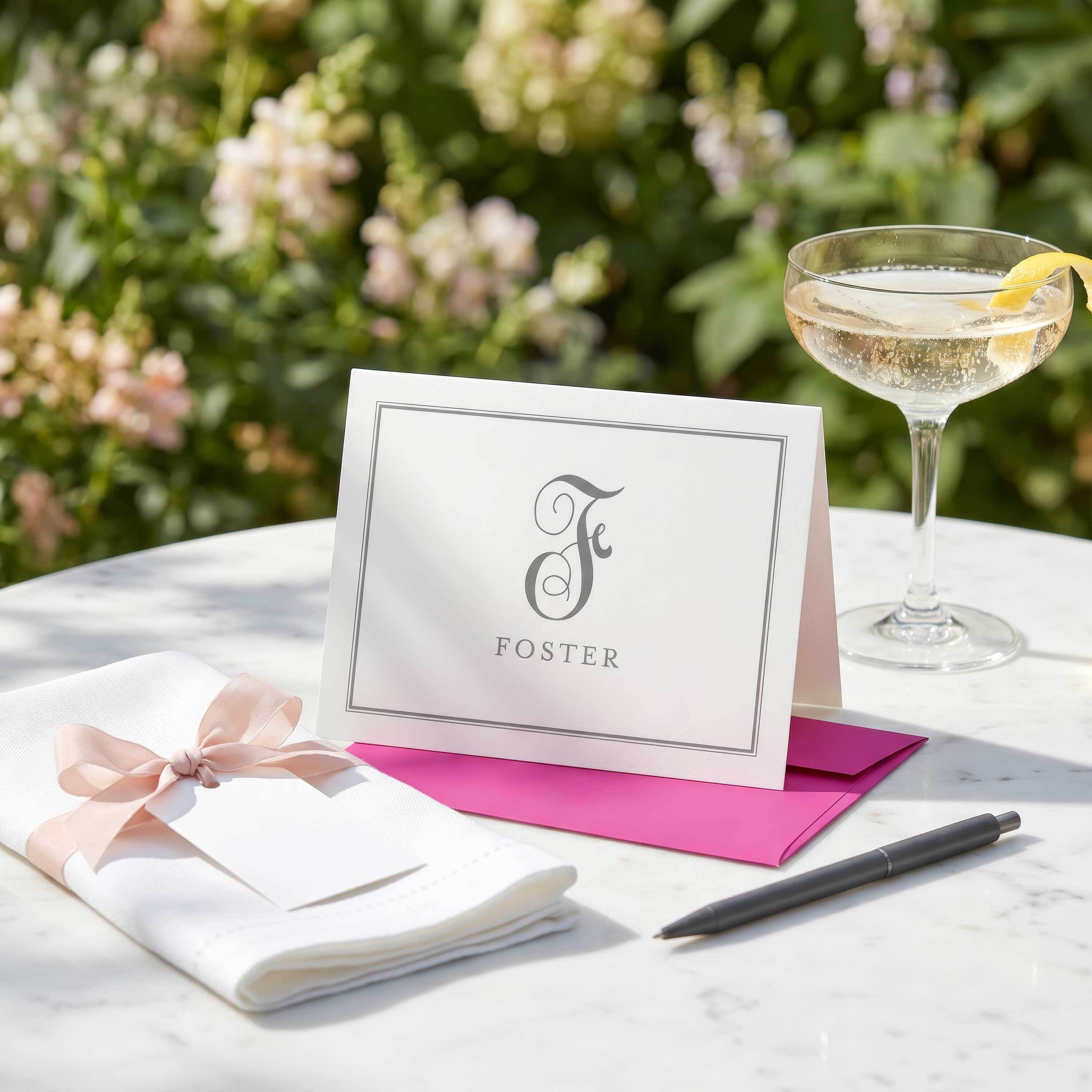Personalized wedding stationery with monogrammed folded notecard, pink envelope, and place setting for wedding thank-you notes