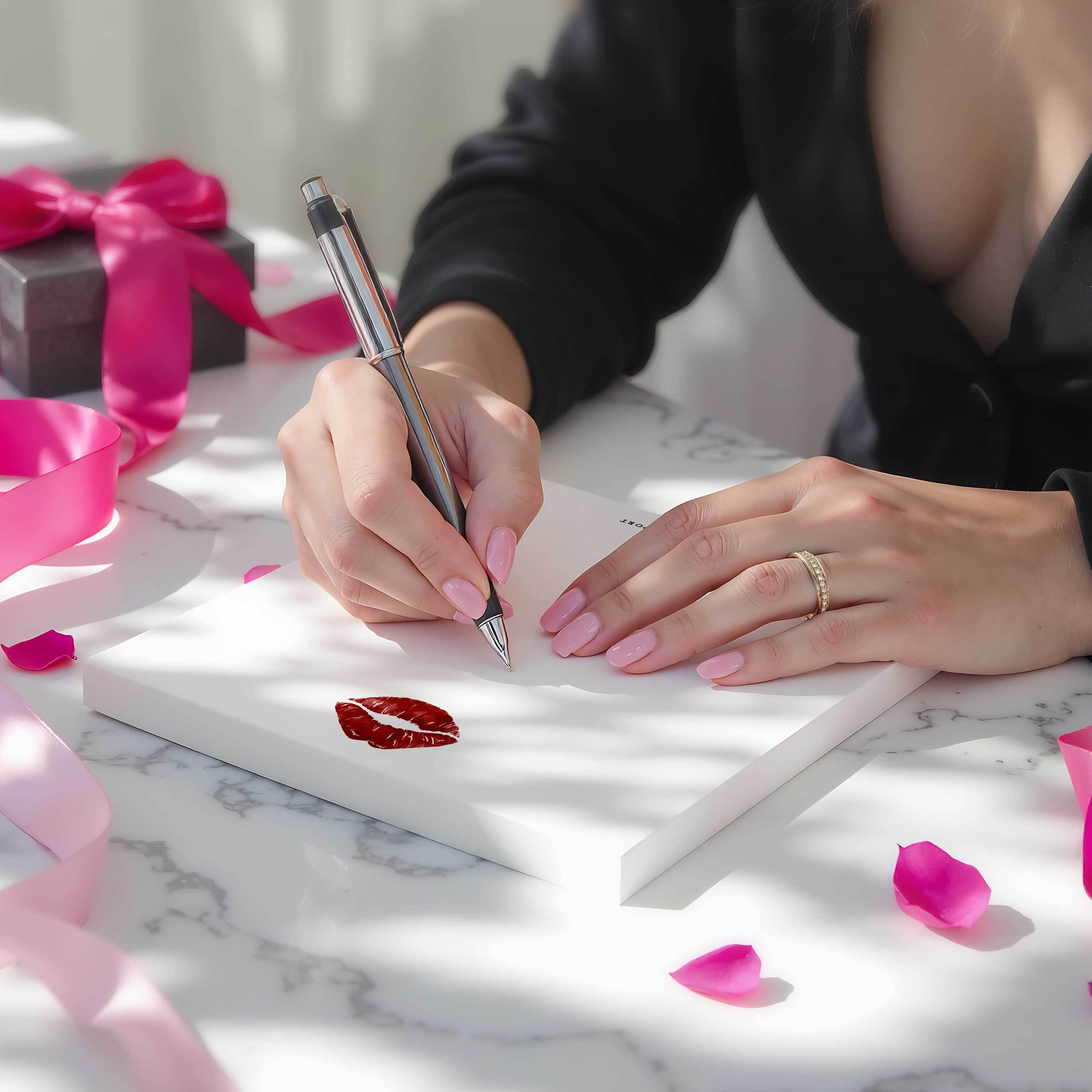 Woman writing a love note on personalized Romantic Kiss notepad with lipstick design, pink ribbon and gift box on marble desk