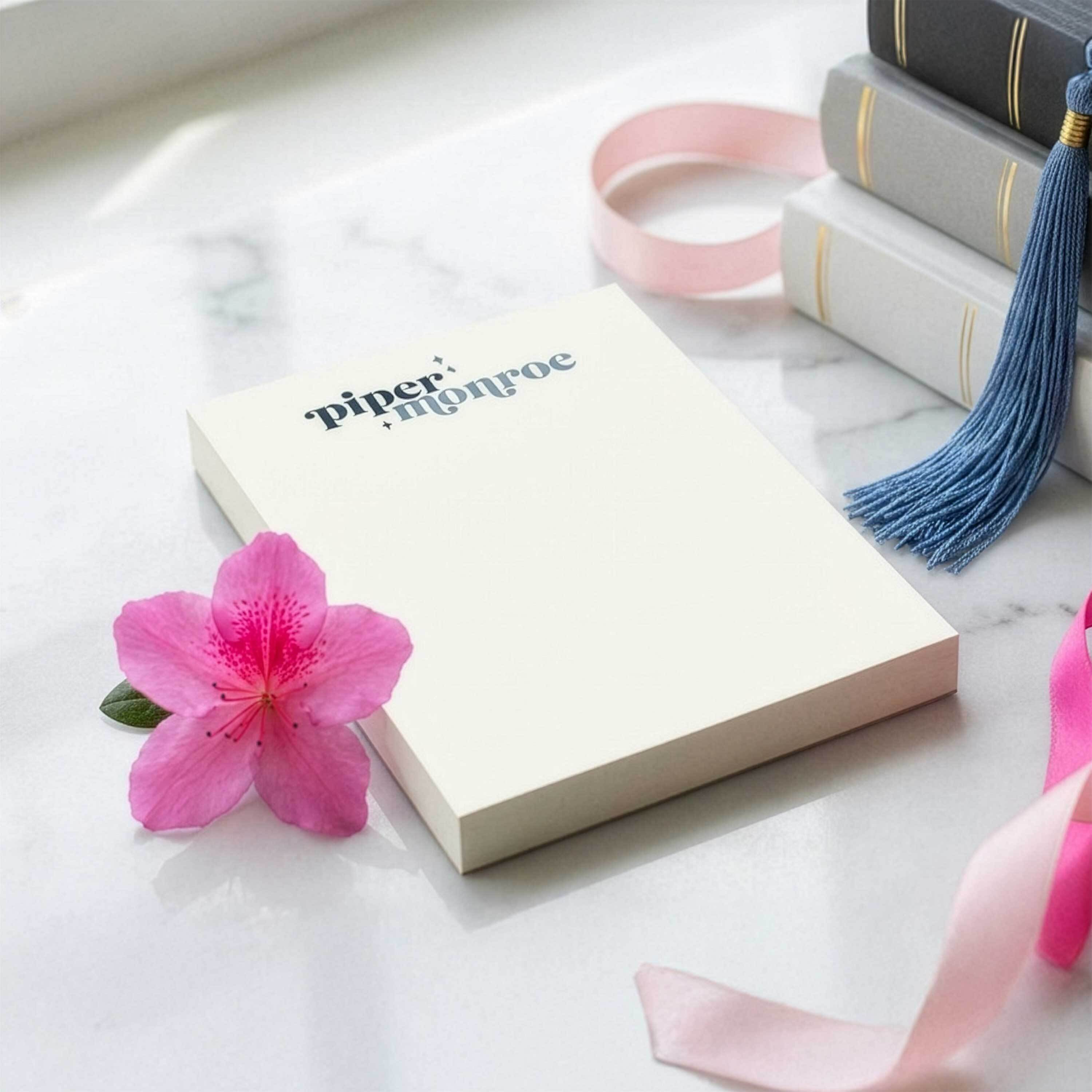Personalized Wild Stardust notepad styled as a graduation gift with school-inspired colors, ribbon, books, and a blue tassel
