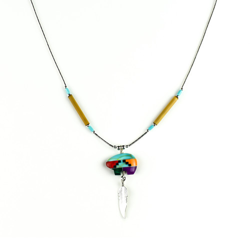 Multi Colour Mosaic Bear & Silver Feather Necklace (Sterling Silver)