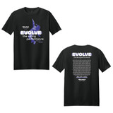 Black T‑shirt with ‘EVOLVE’ spring performance design on front and back