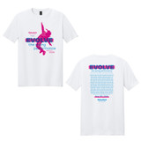 White T‑shirt with ‘EVOLVE’ spring performance design on front and back
