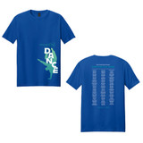 Blue T‑shirt with ‘EVOLVE’ spring performance design on front and back
