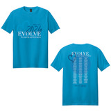 Bright blue T‑shirt with ‘EVOLVE’ spring performance design on front and back