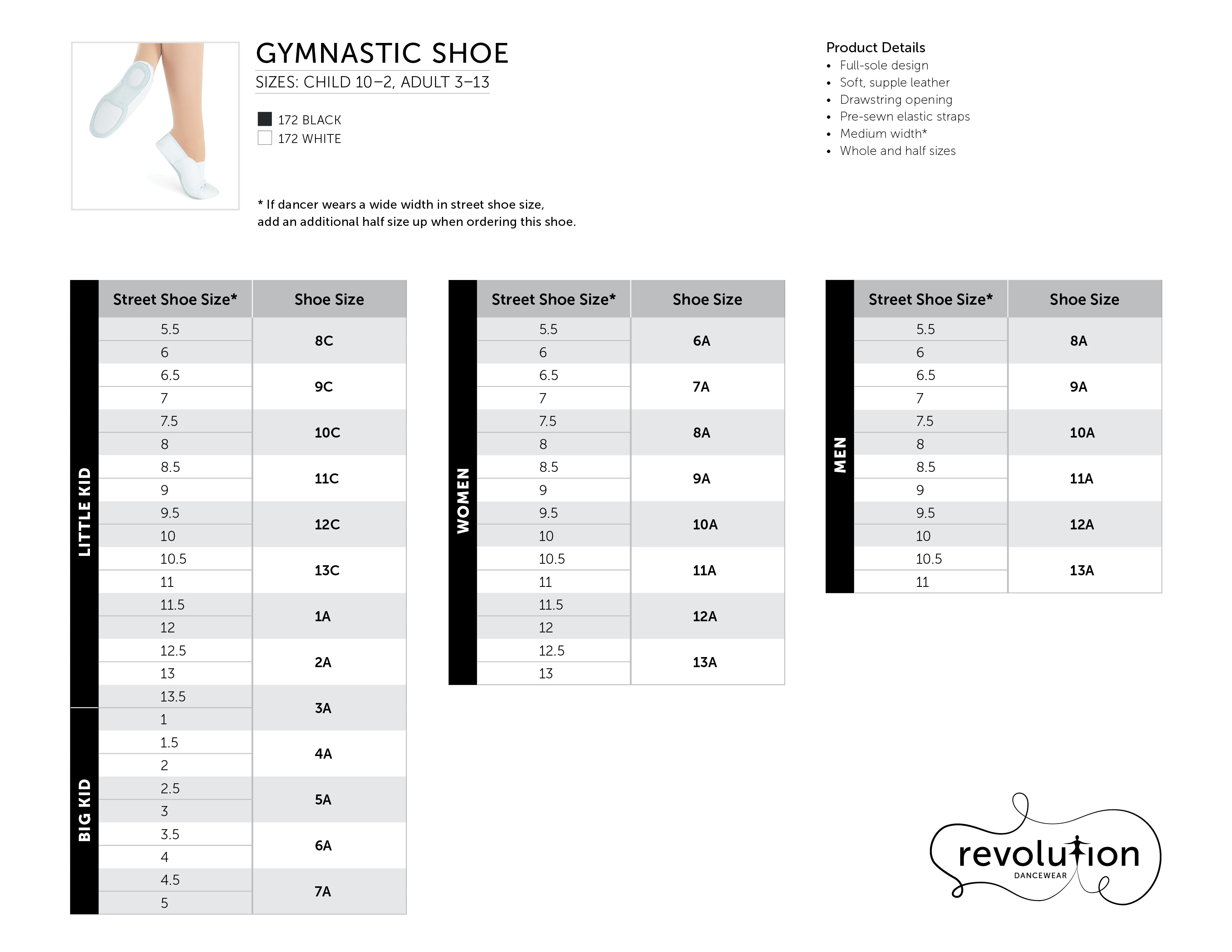 Gymnastic Shoe Sizing Kit size chart