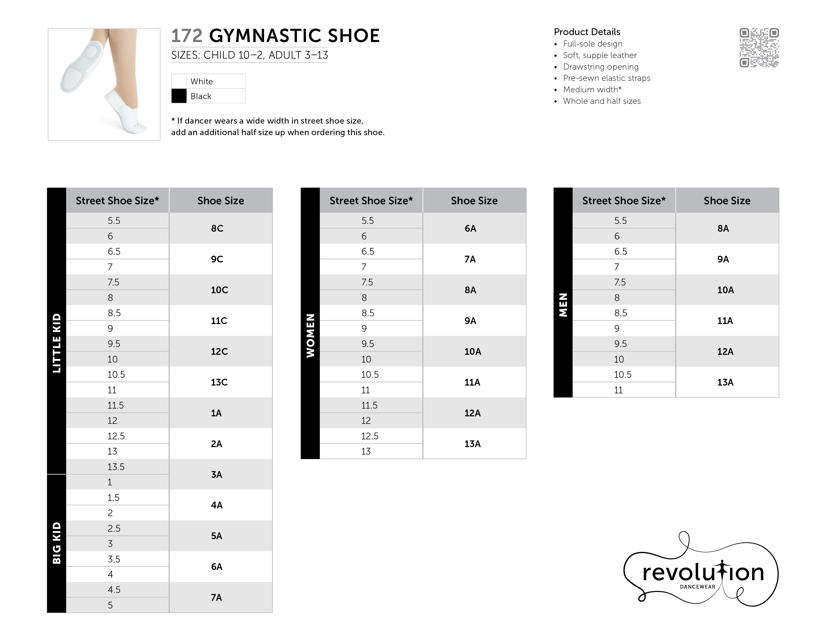 GYMNASTIC SHOE size chart