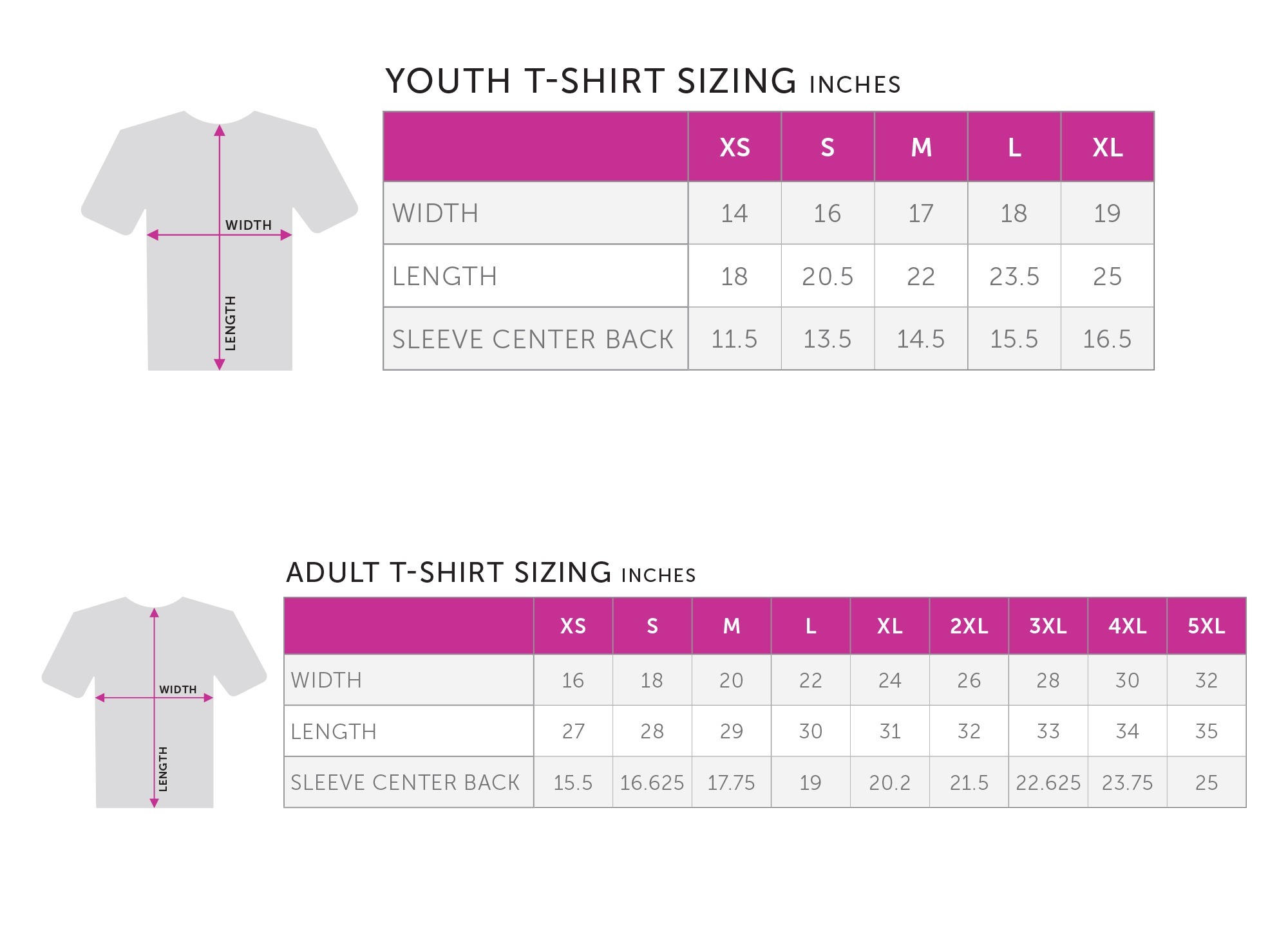 Standard T-Shirt size chart