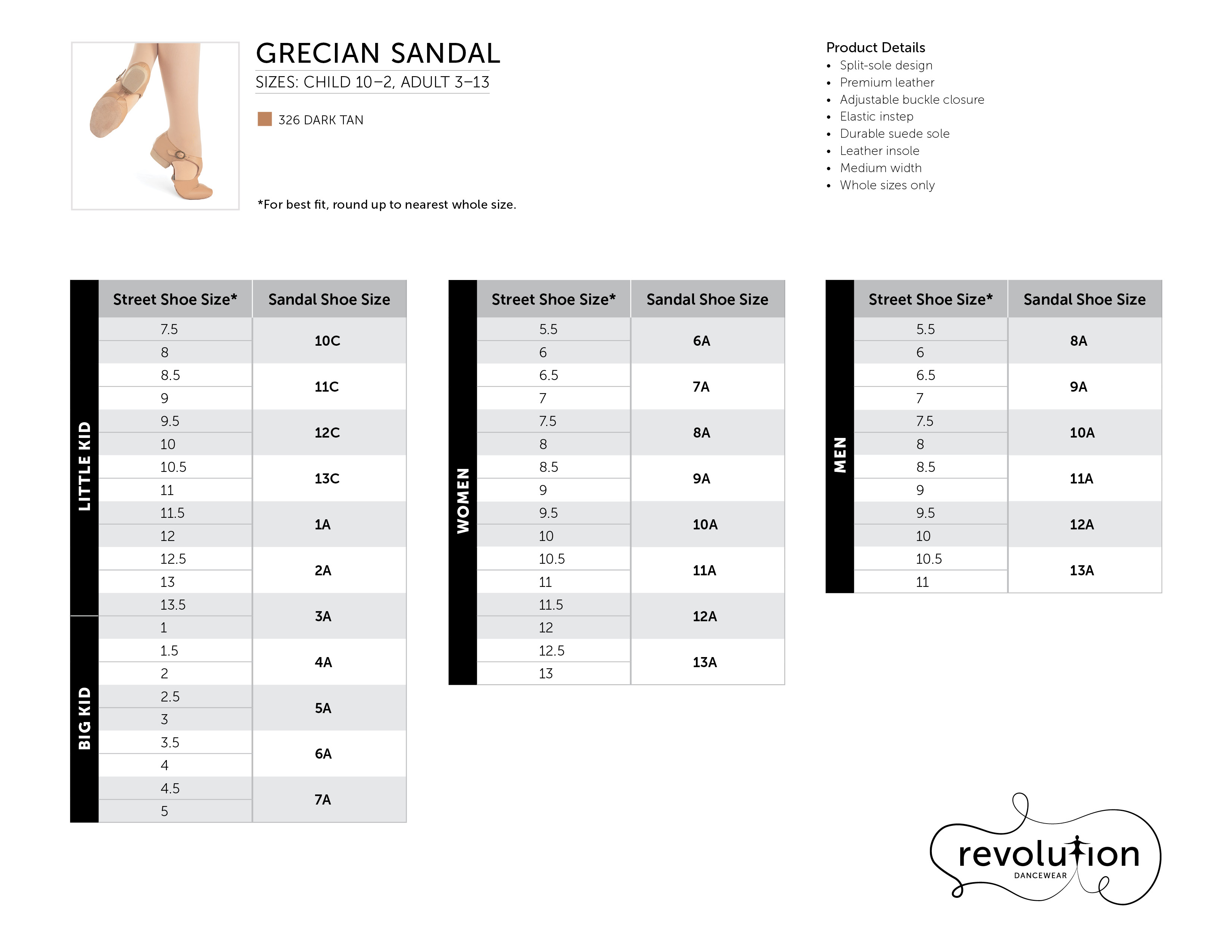 Grecian Sandal size chart