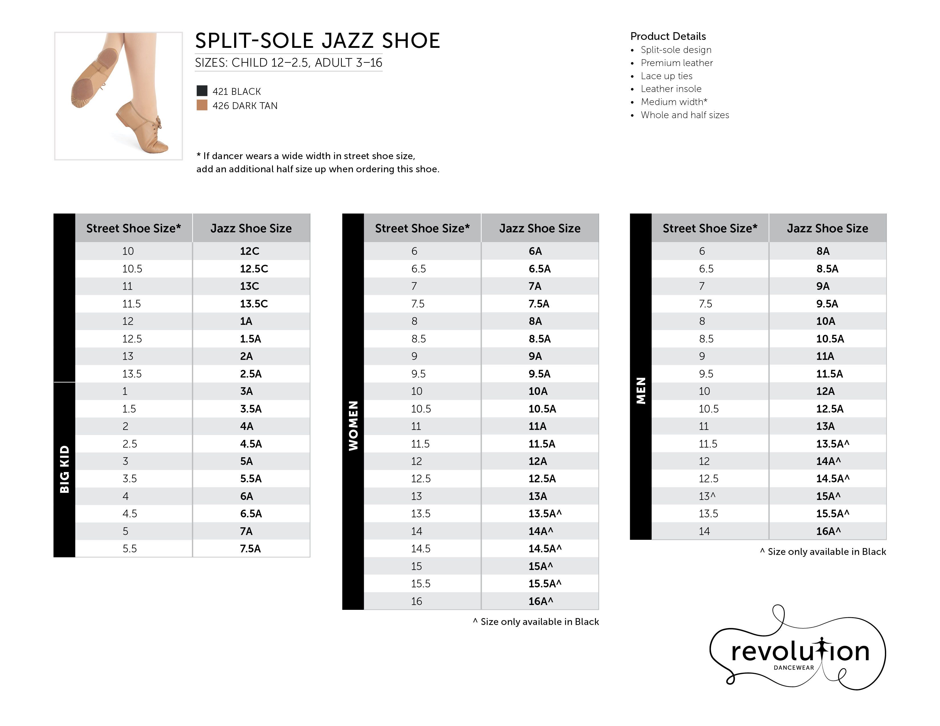 Split-Sole Jazz Shoe size chart