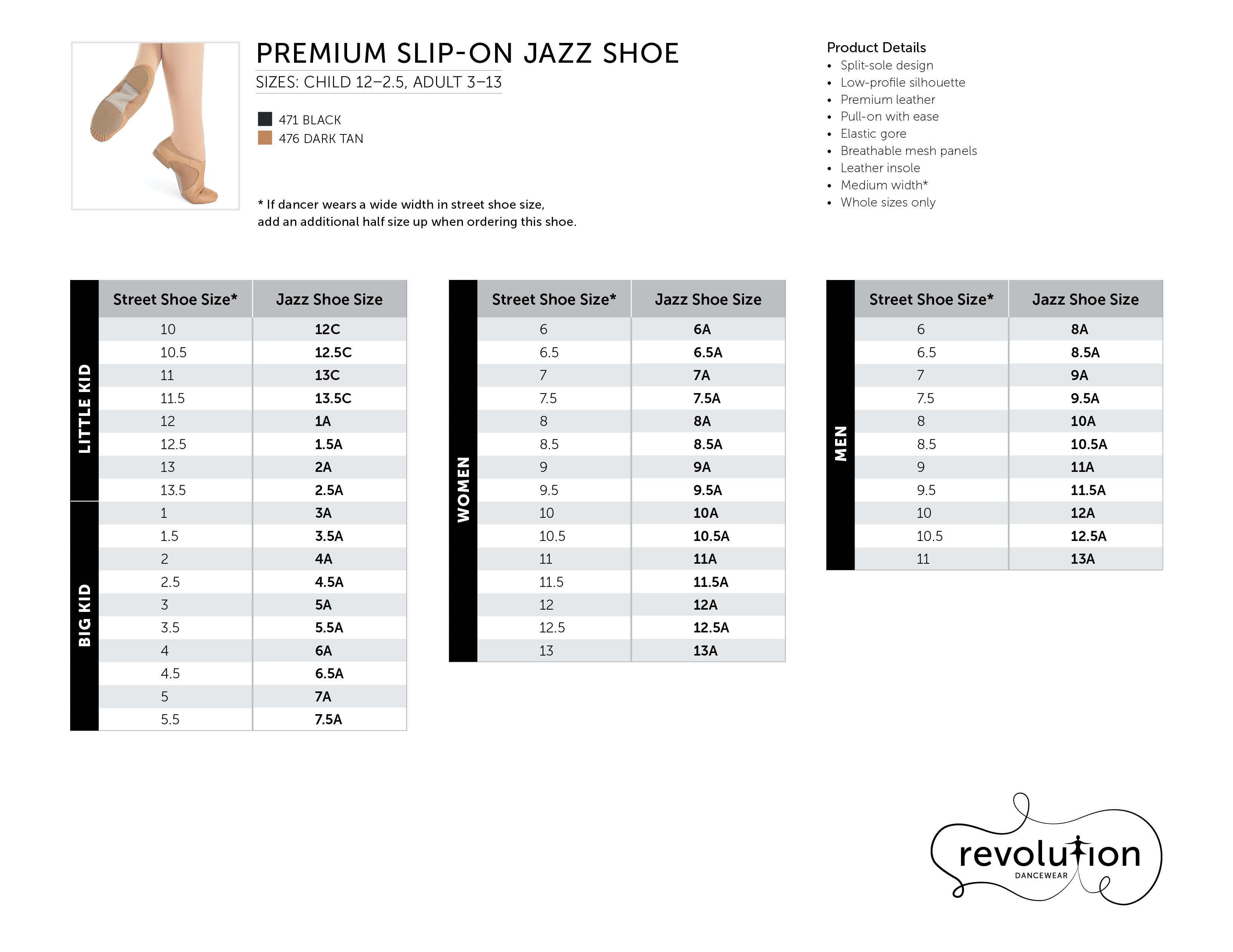 Premium Slip-On Jazz Shoe size chart