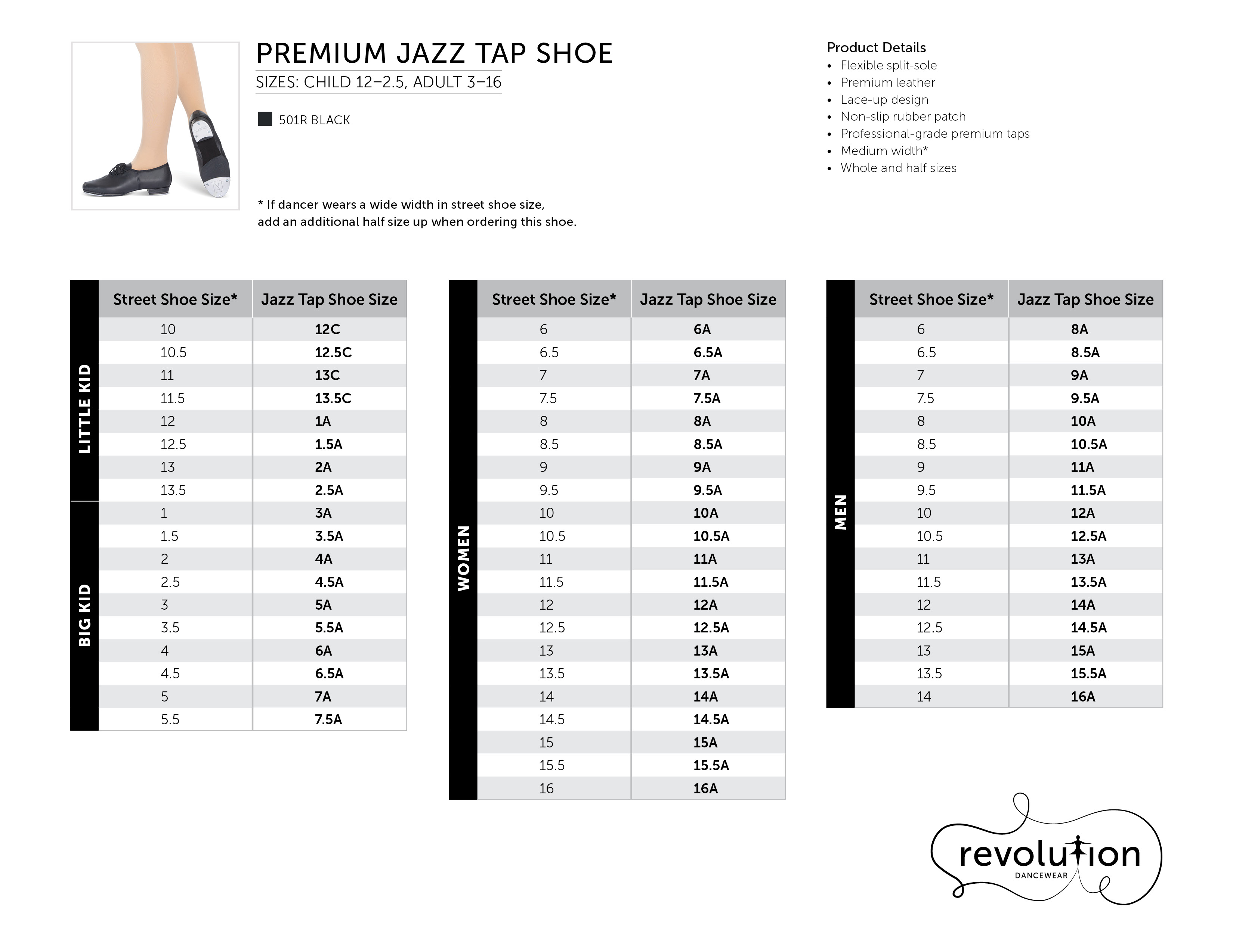 Premium Jazz Tap Shoe size chart