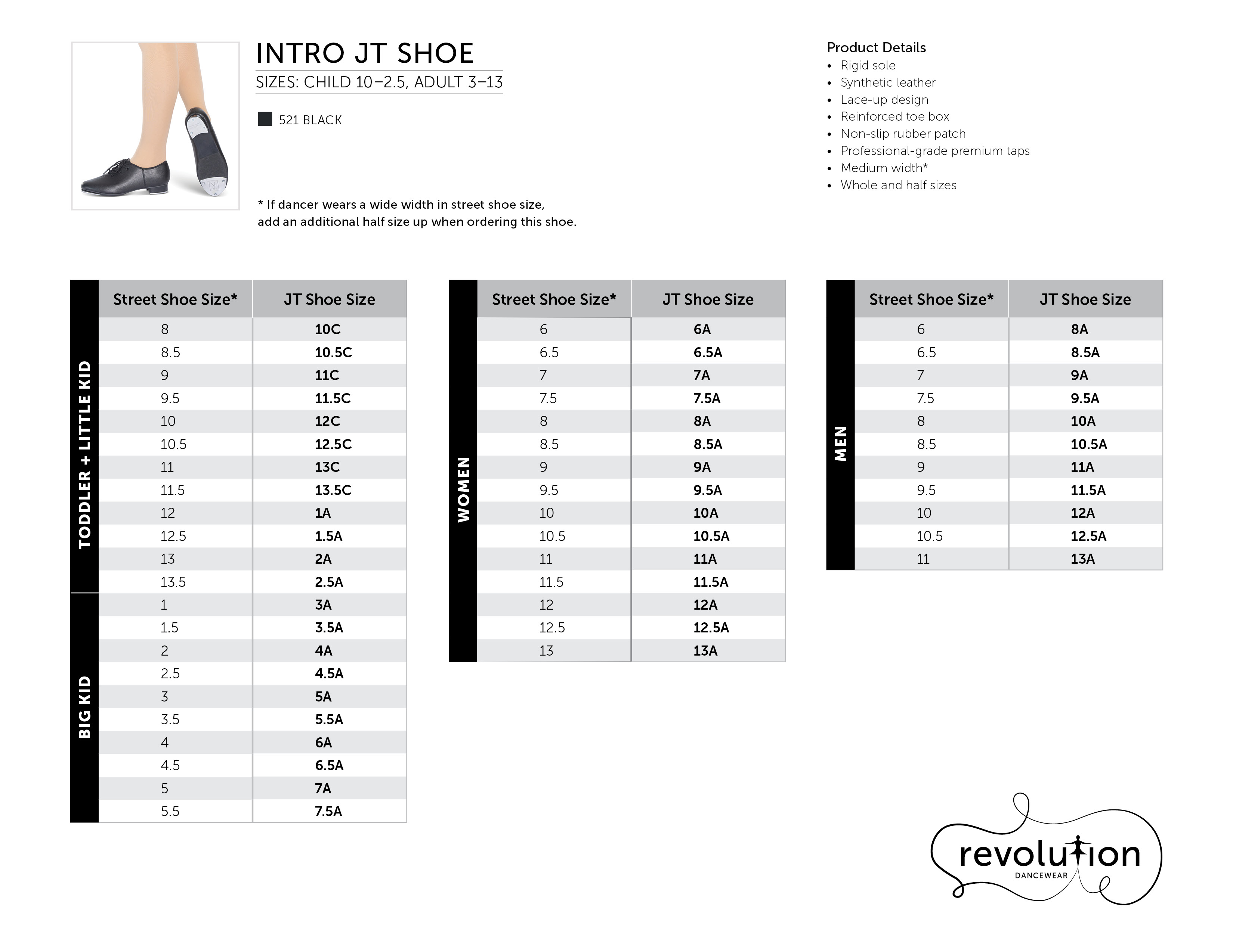 Intro JT Shoe Sizing Kit size chart