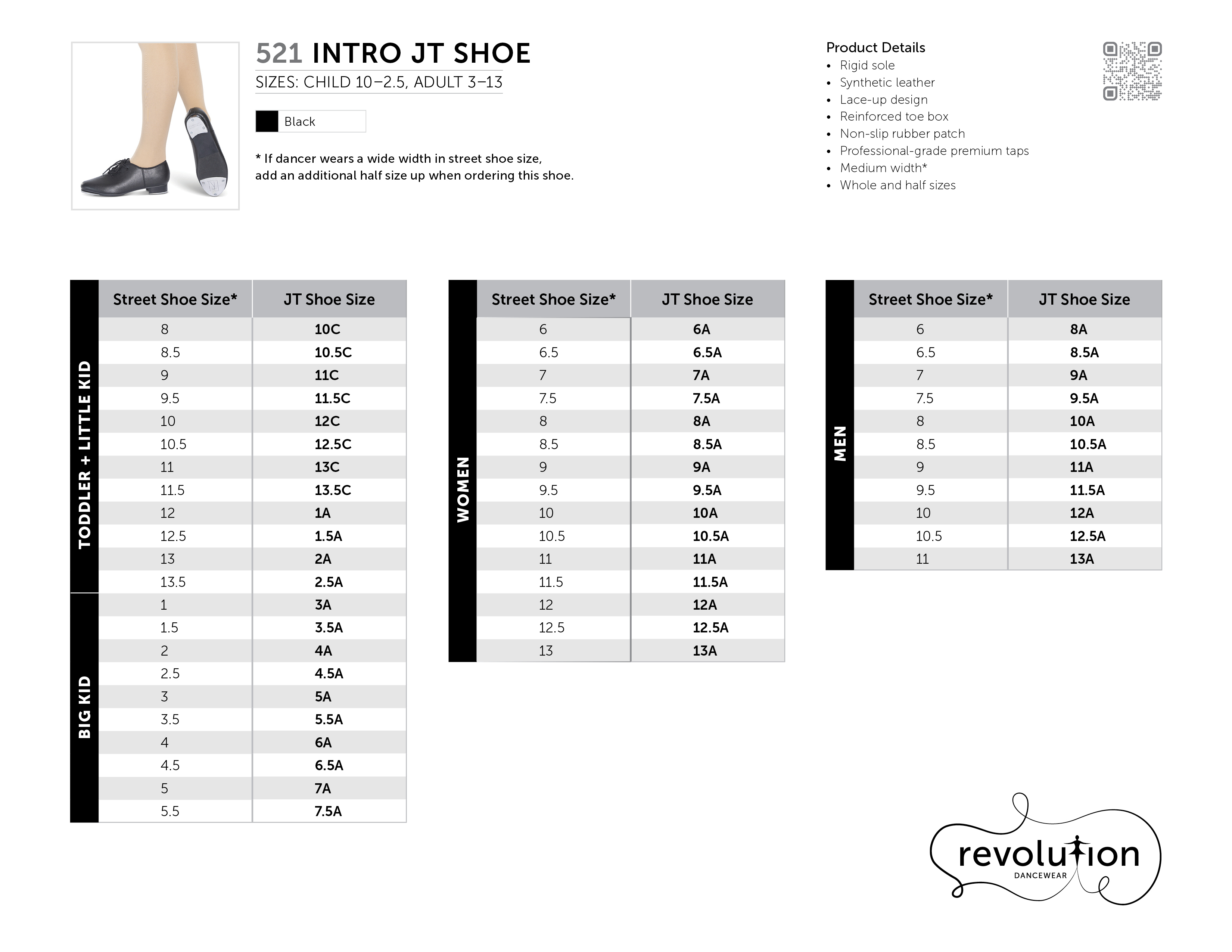 INTRO JT SHOE SIZING KIT size chart