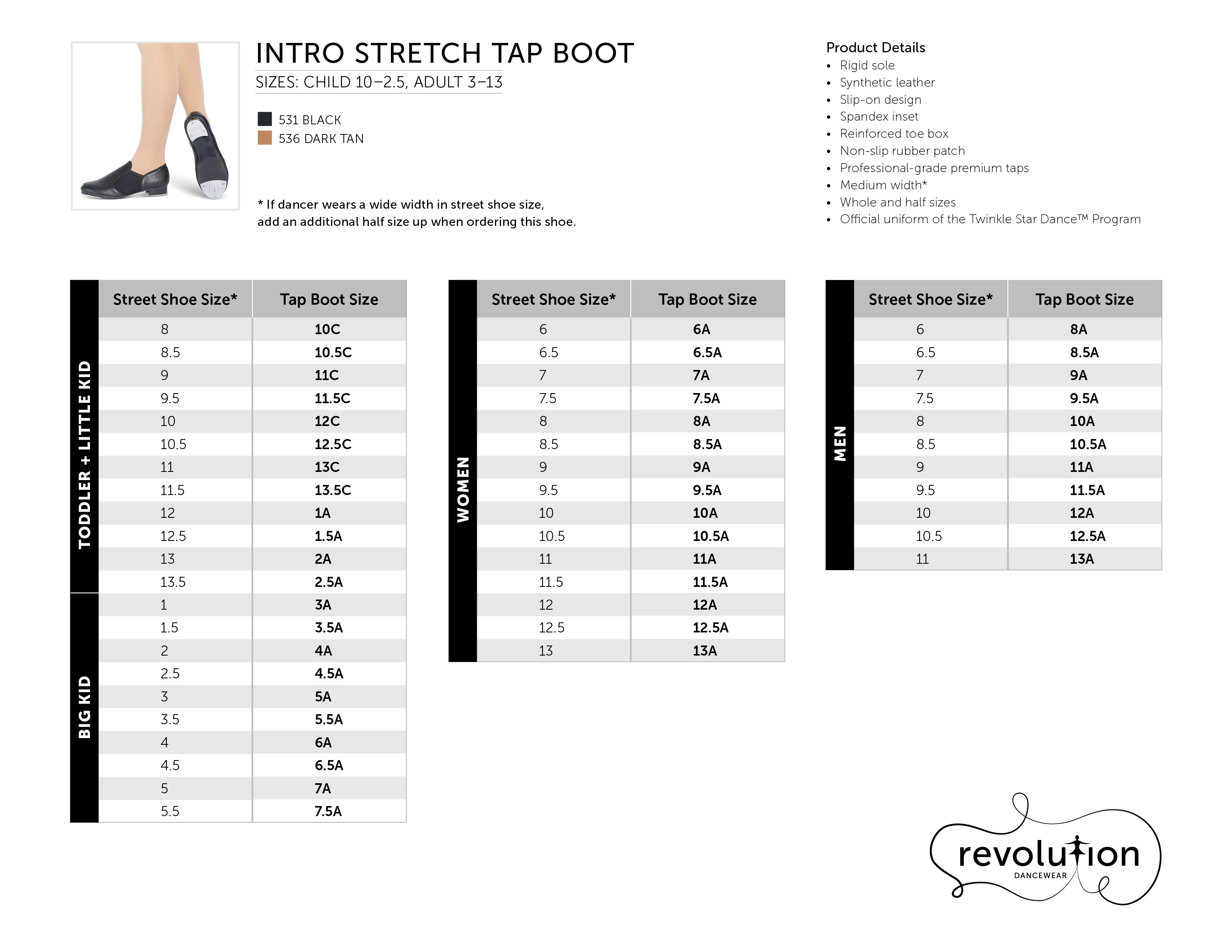 Intro Stretch Tap Boot size chart