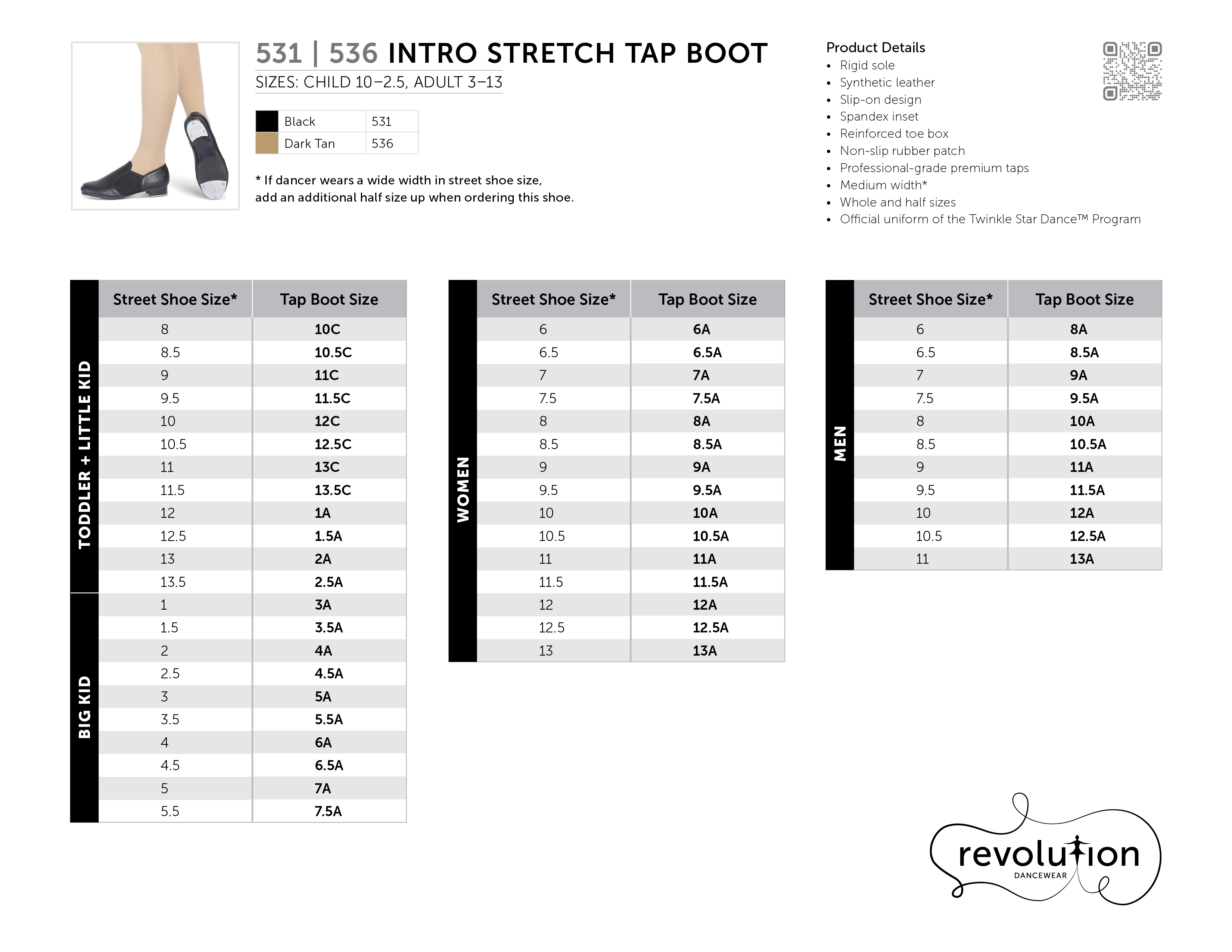 INTRO STRETCH TAP BOOT SIZING KIT size chart