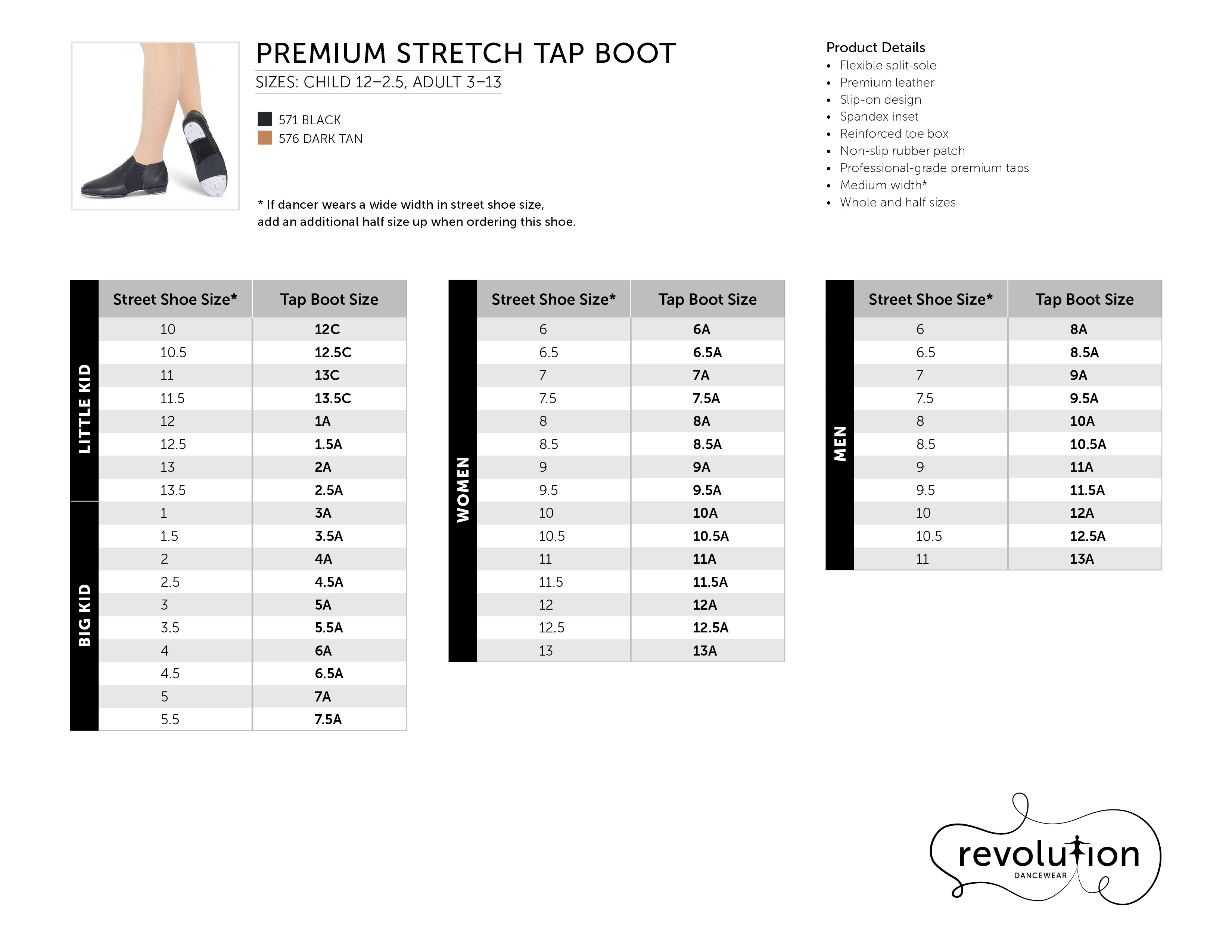 Premium Stretch Tap Boot Sizing Kit size chart