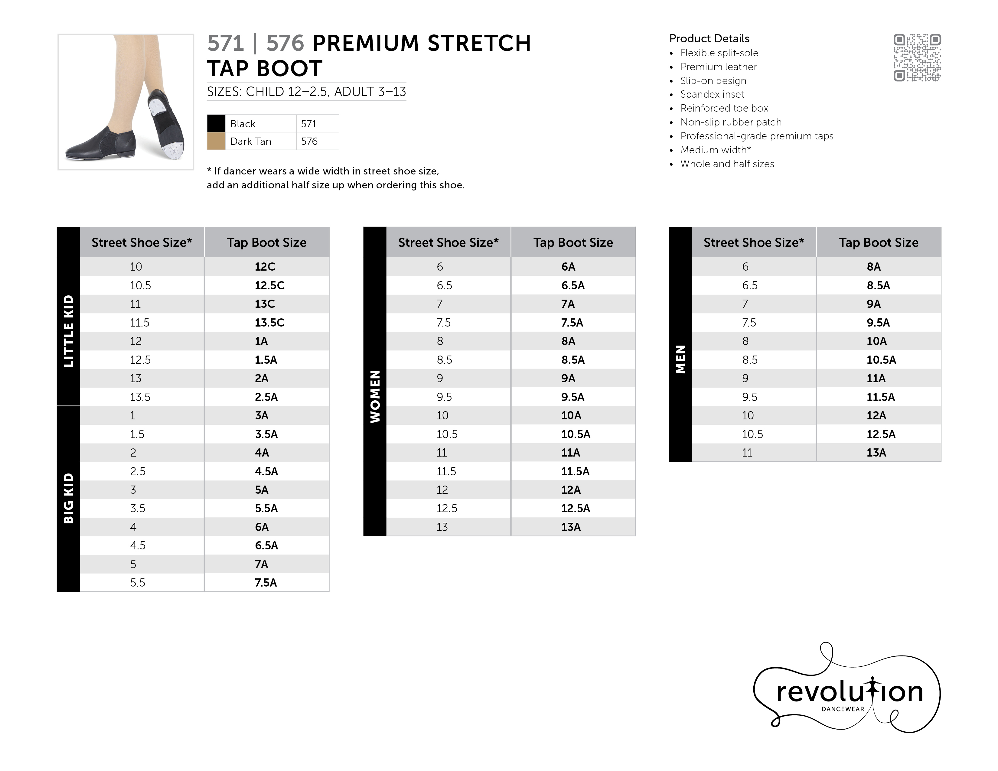 PREMIUM STRETCH TAP BOOT SIZING KIT size chart
