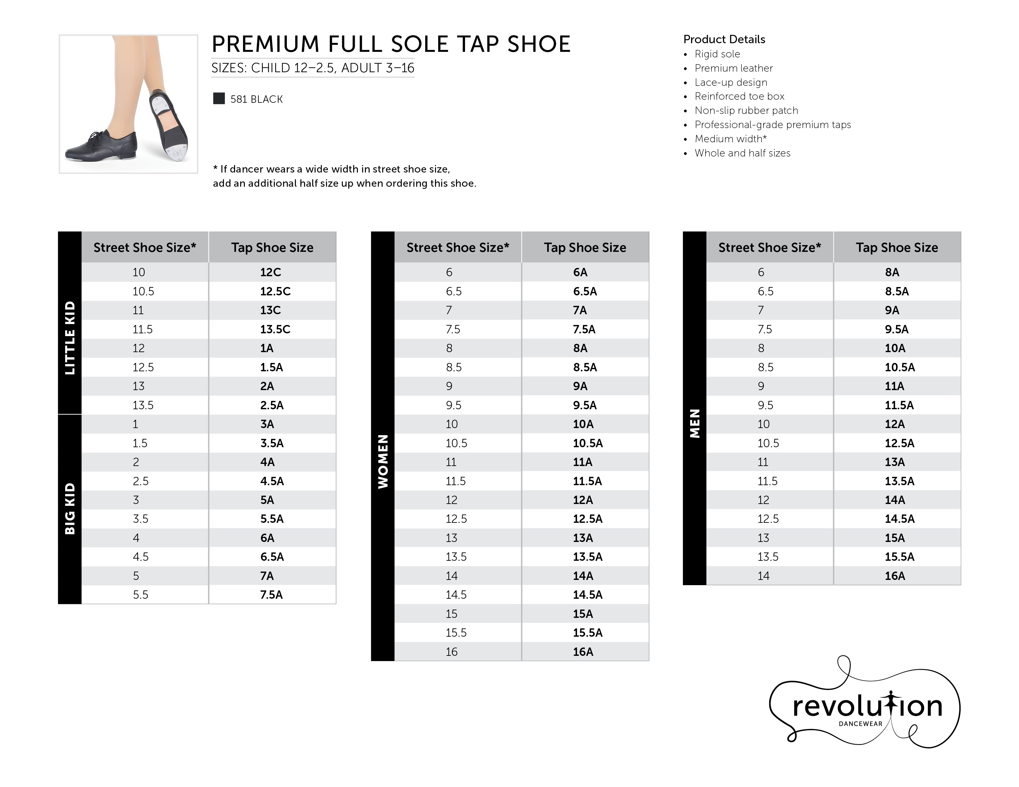 Premium Full Sole Tap Shoe Sizing Kit size chart