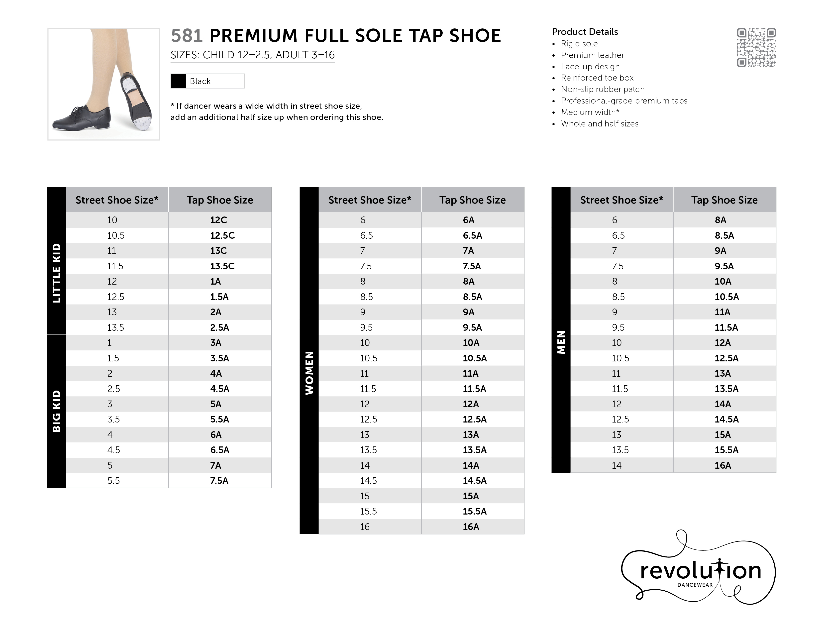 PREMIUM FULL SOLE TAP SHOE SIZING KIT size chart