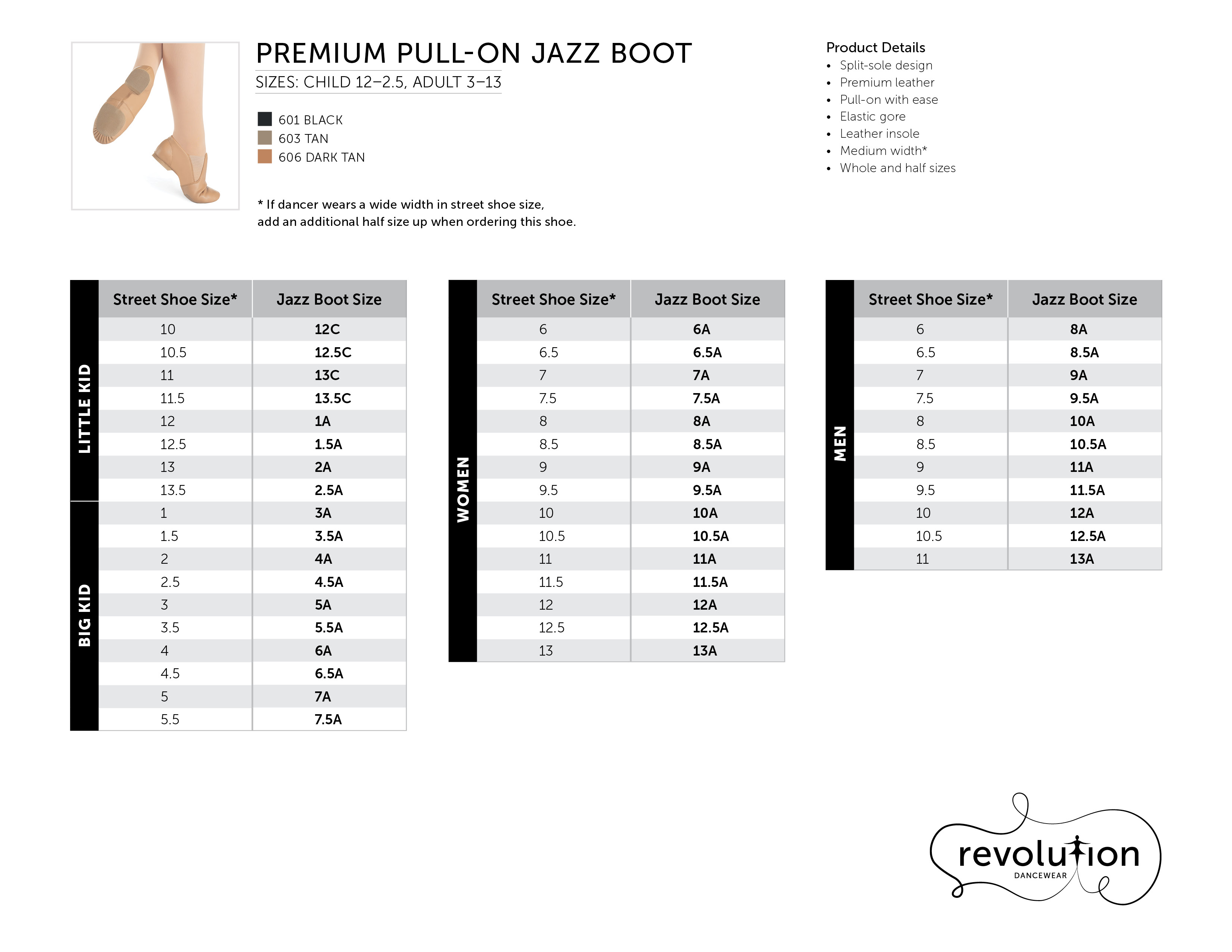 Premium Pull-On Jazz Boot size chart