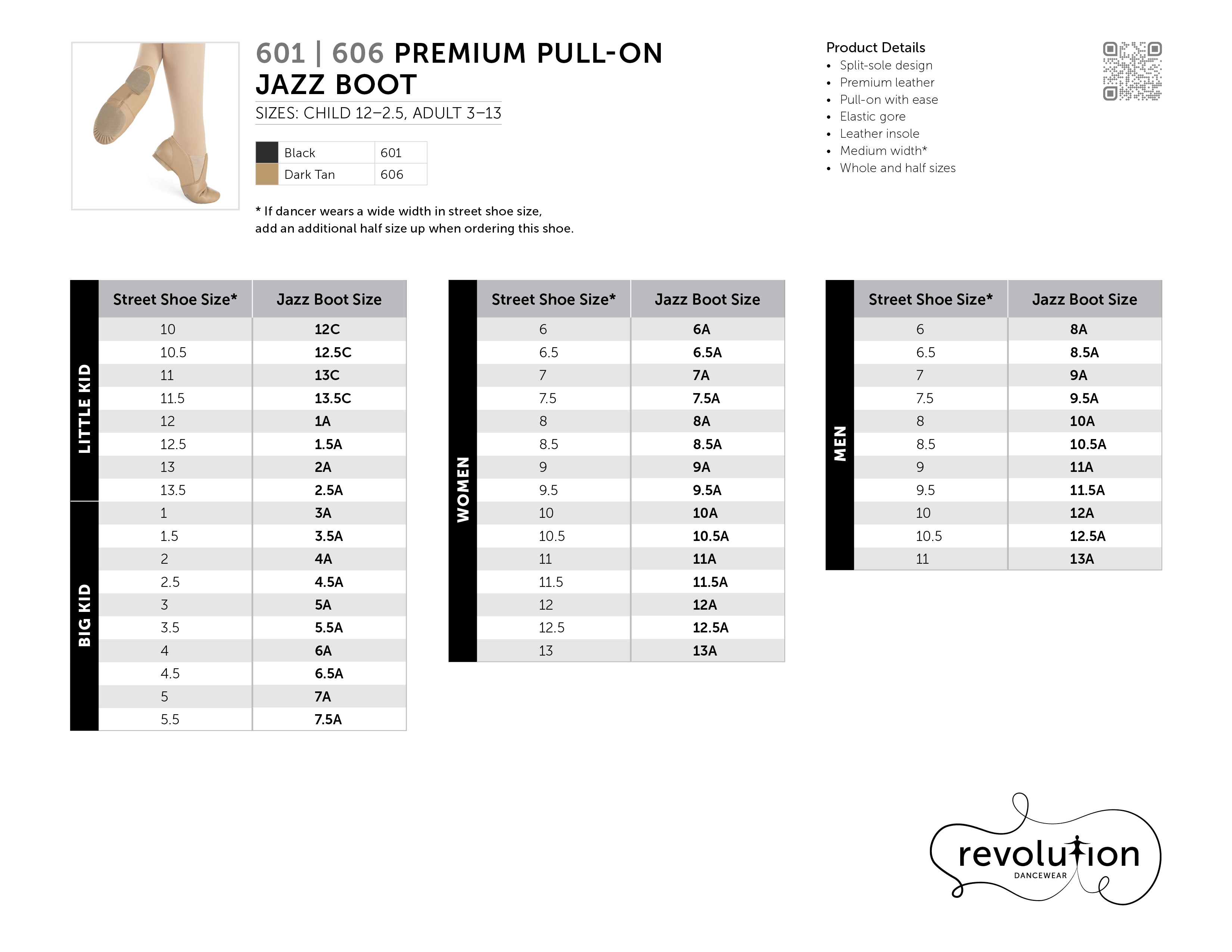 PREMIUM PULL-ON JAZZ BOOT SIZING KIT size chart