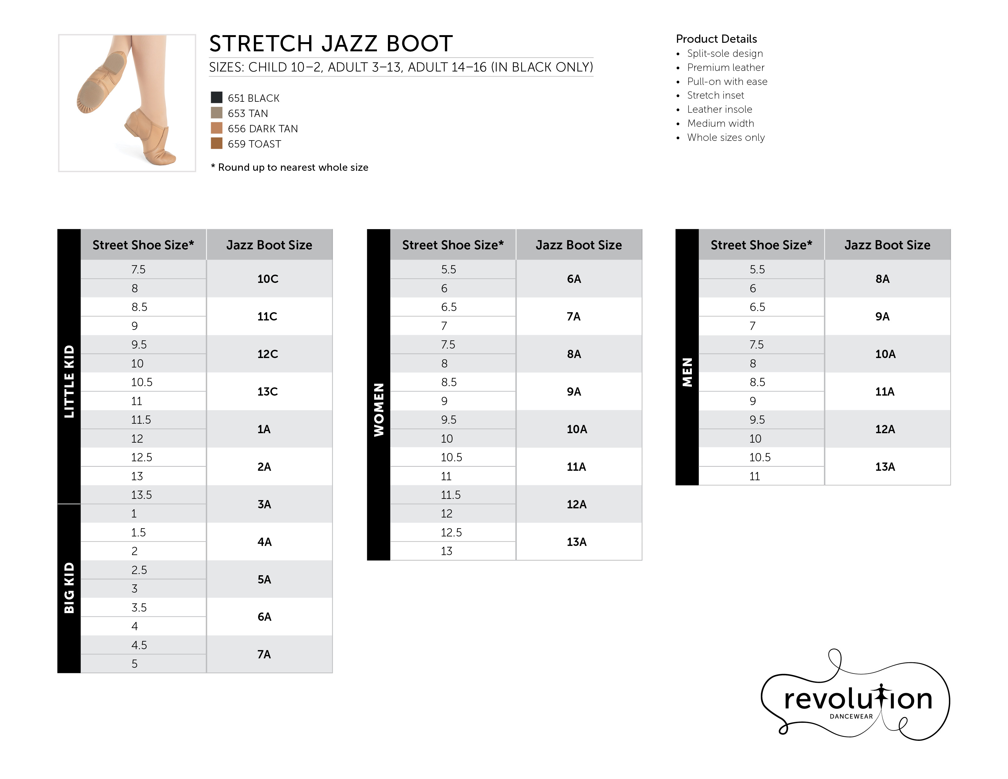 Stretch Jazz Boot size chart