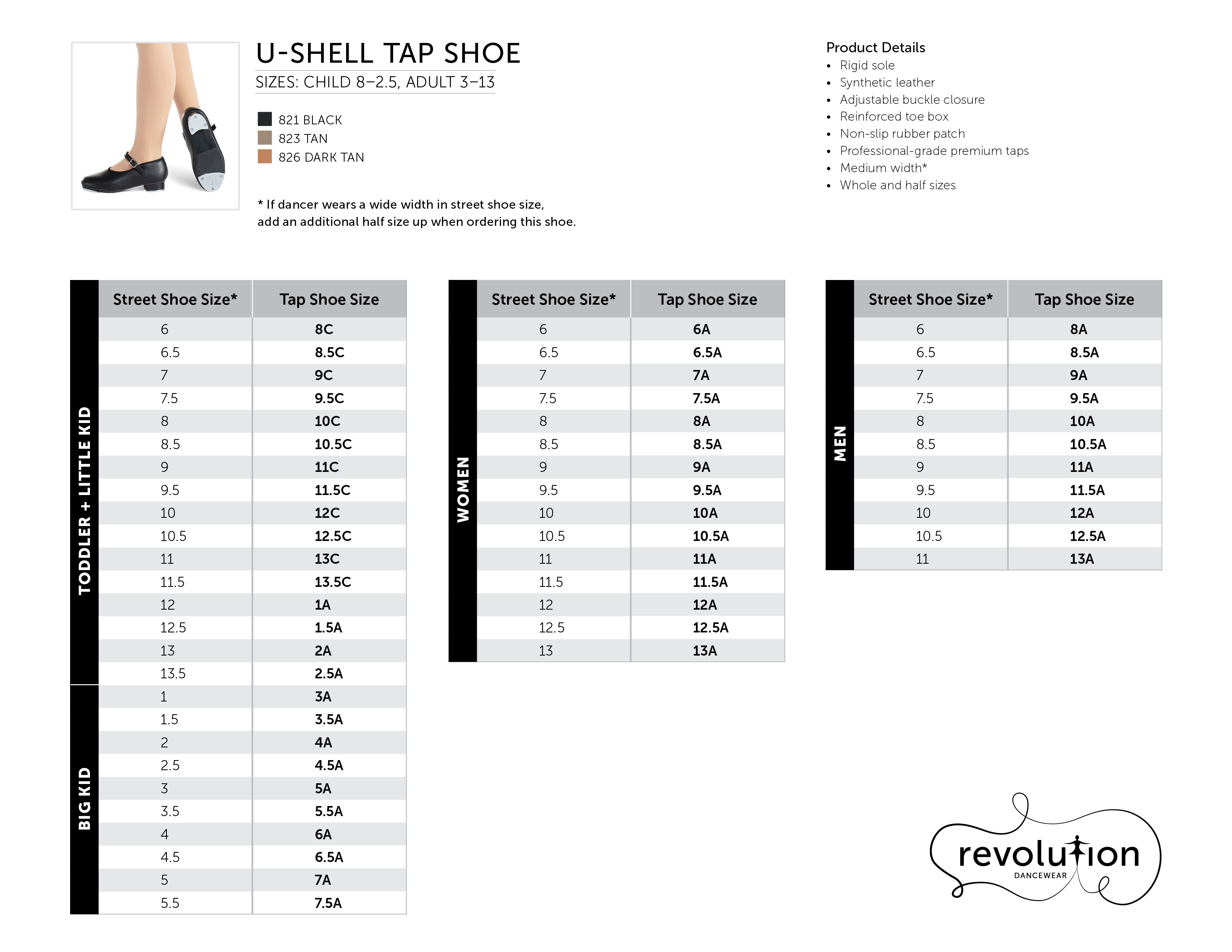 U-Shell Tap Shoe size chart