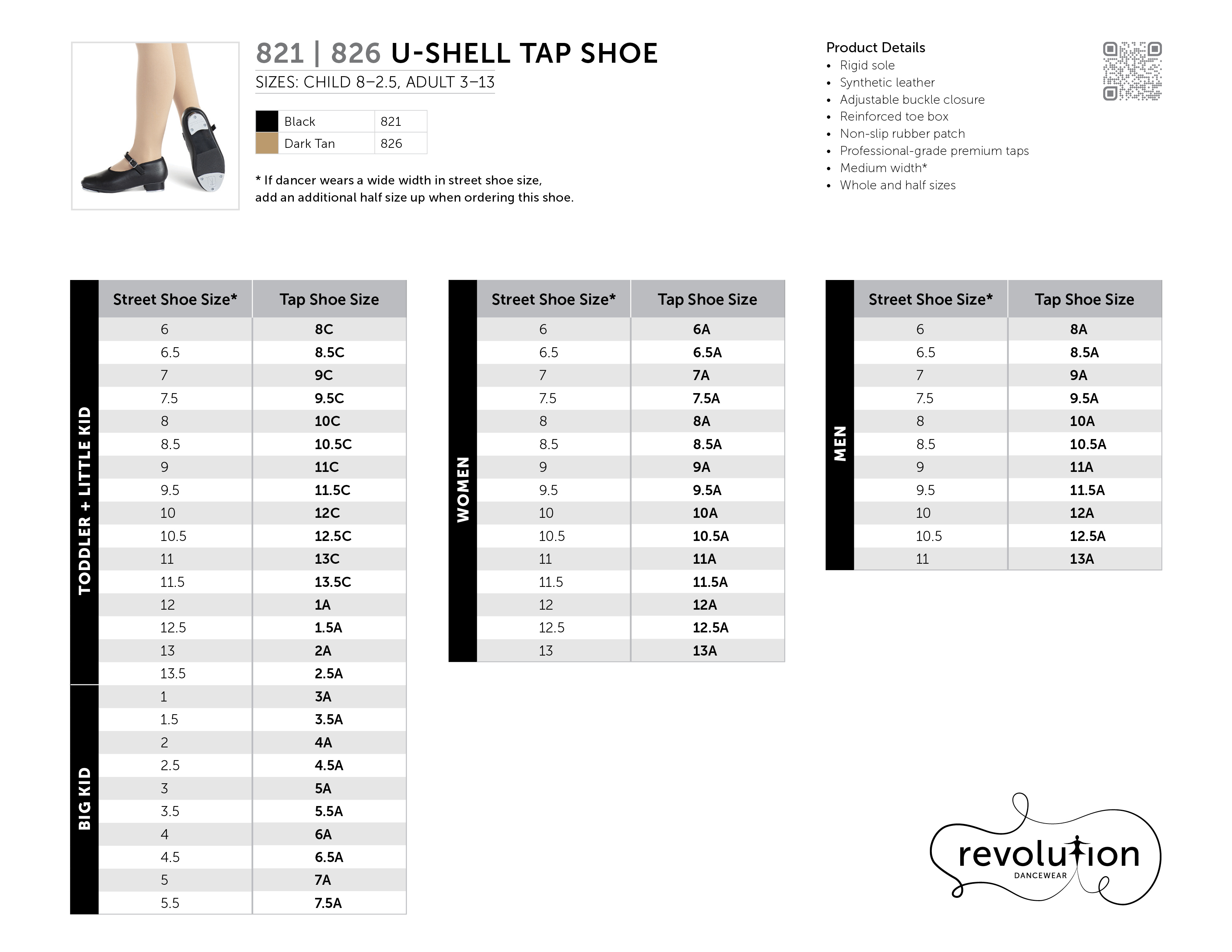 U-SHELL TAP SHOE size chart