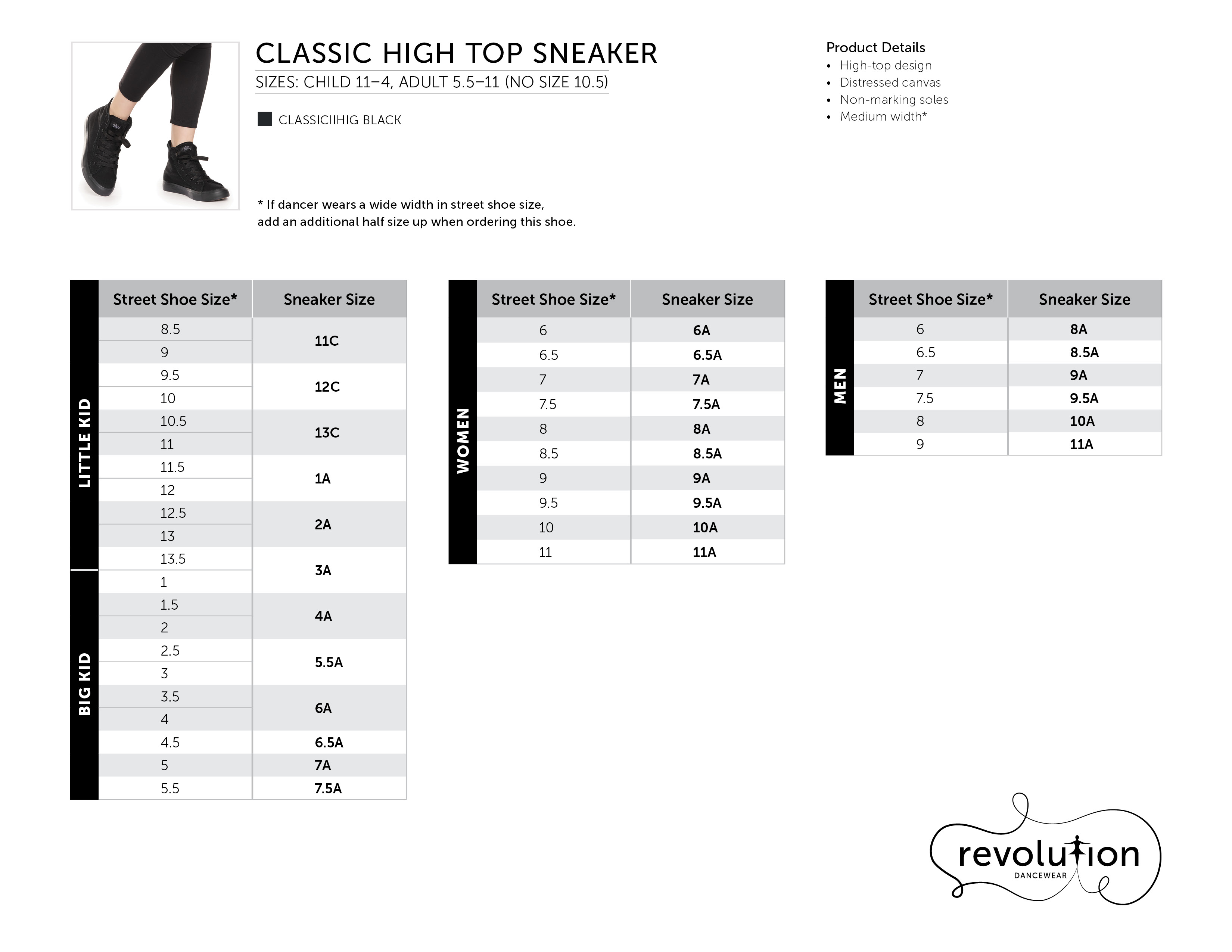 Classic High Top Sneaker size chart