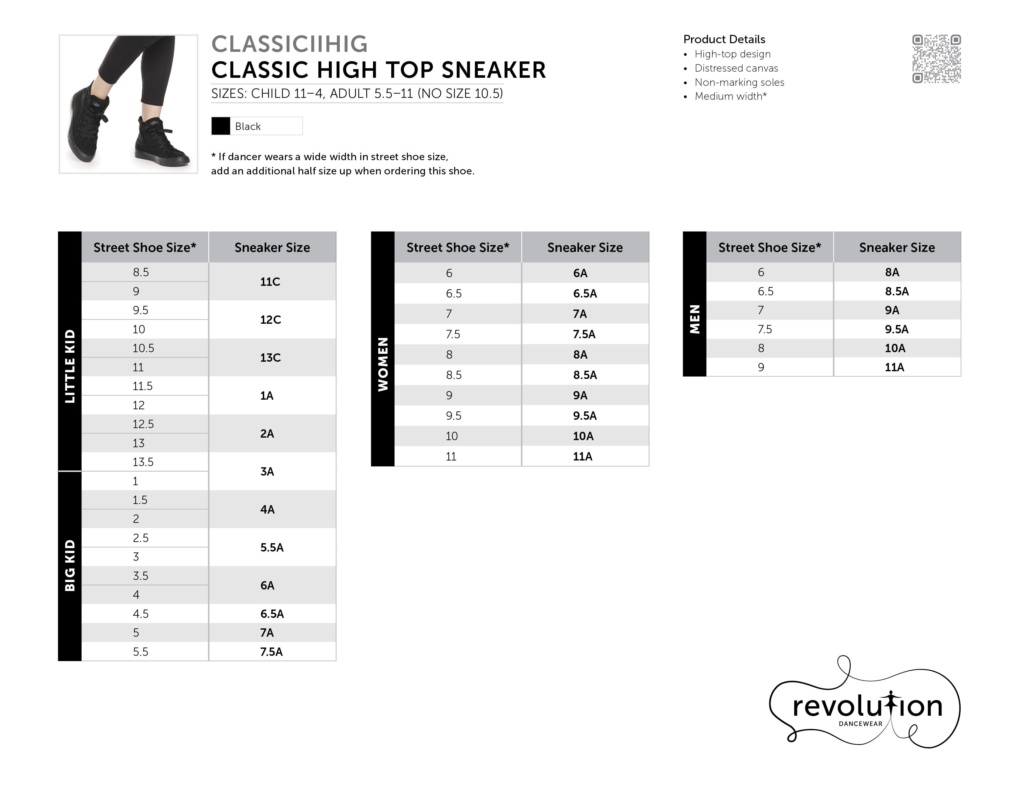 CLASSIC HIGH TOP SNEAKER size chart