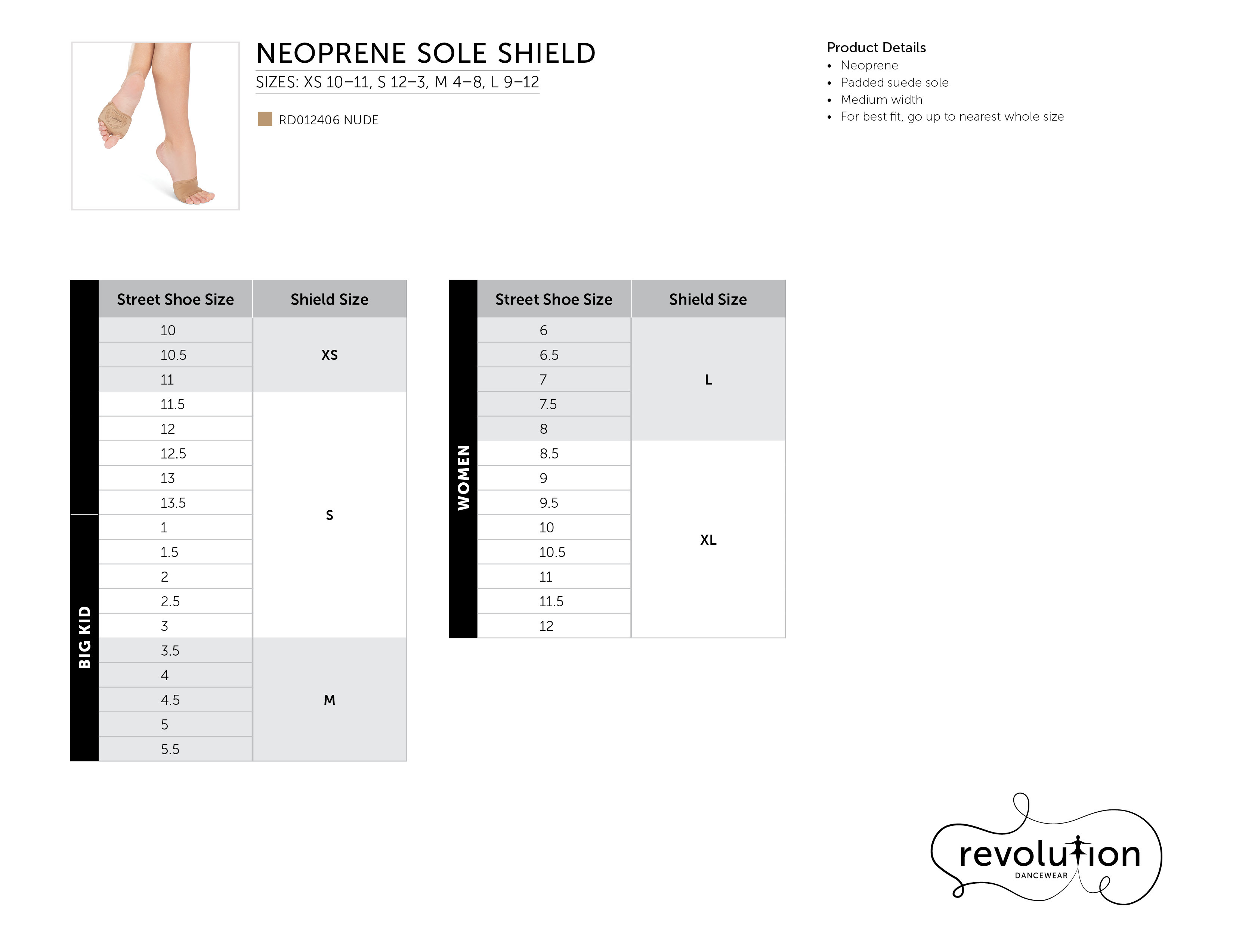 Neoprene Sole Shield size chart