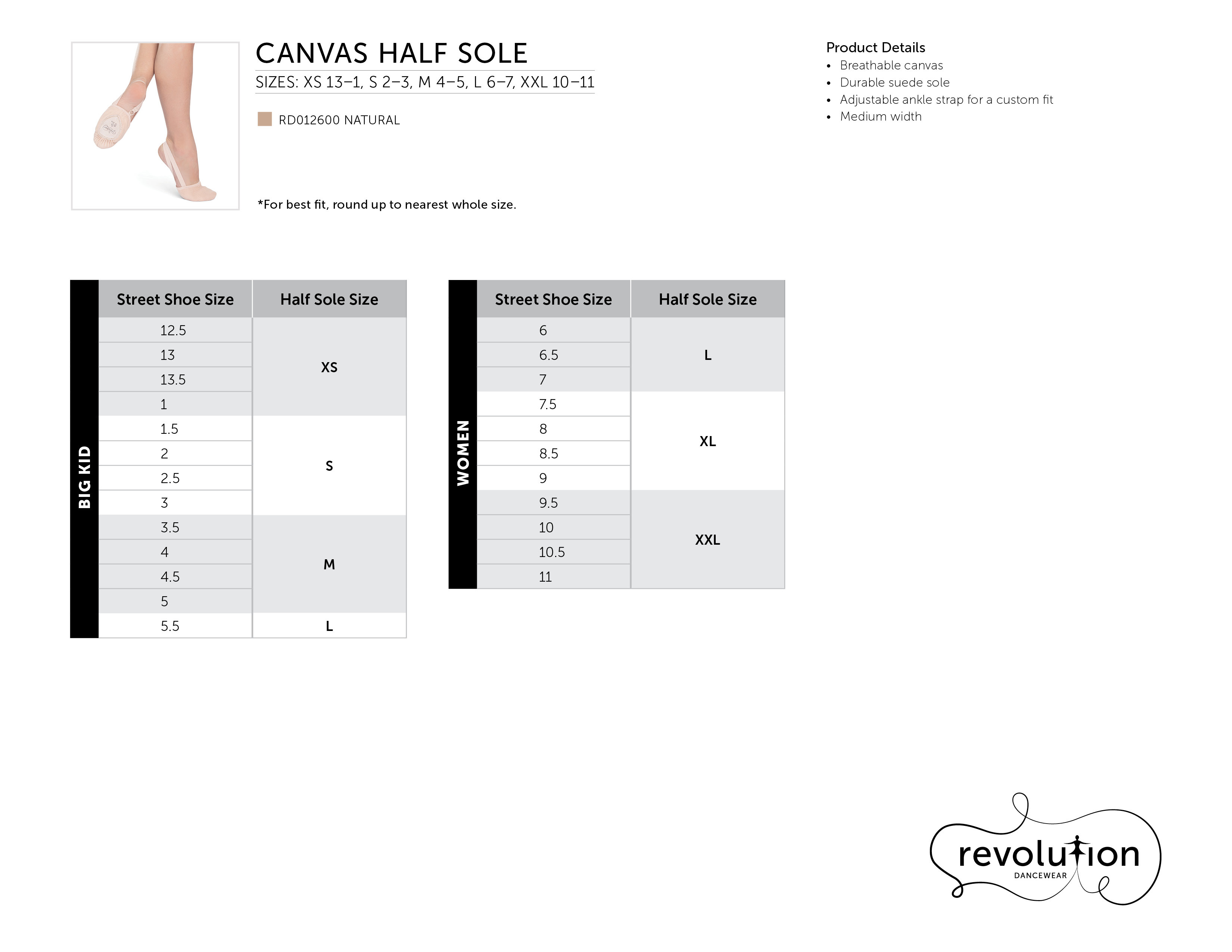 Canvas Half Sole size chart