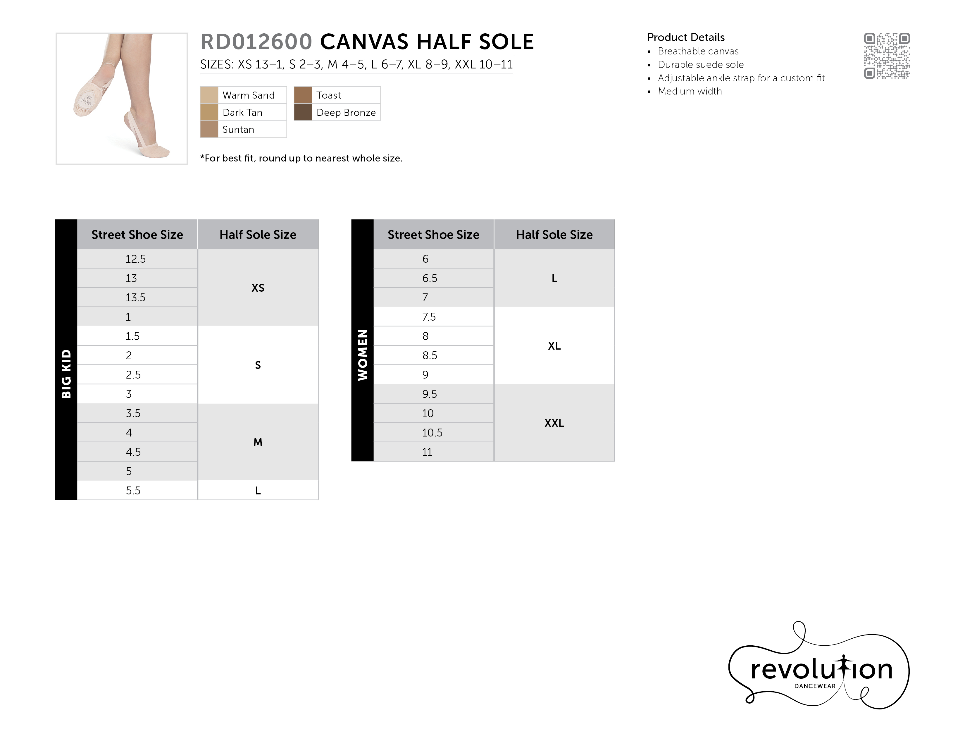 CANVAS HALF SOLE SIZING KIT size chart