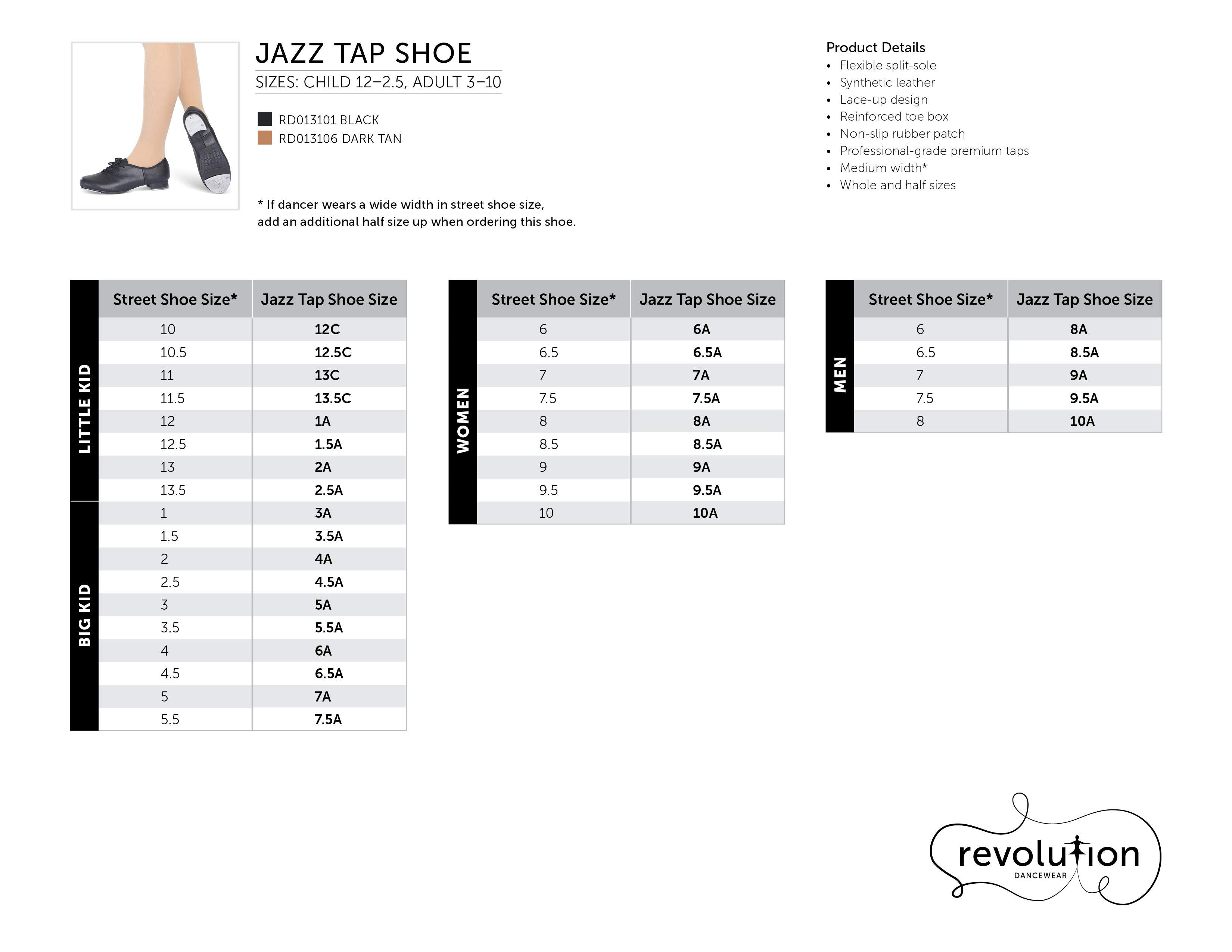 Jazz Tap Shoe Sizing Kit size chart