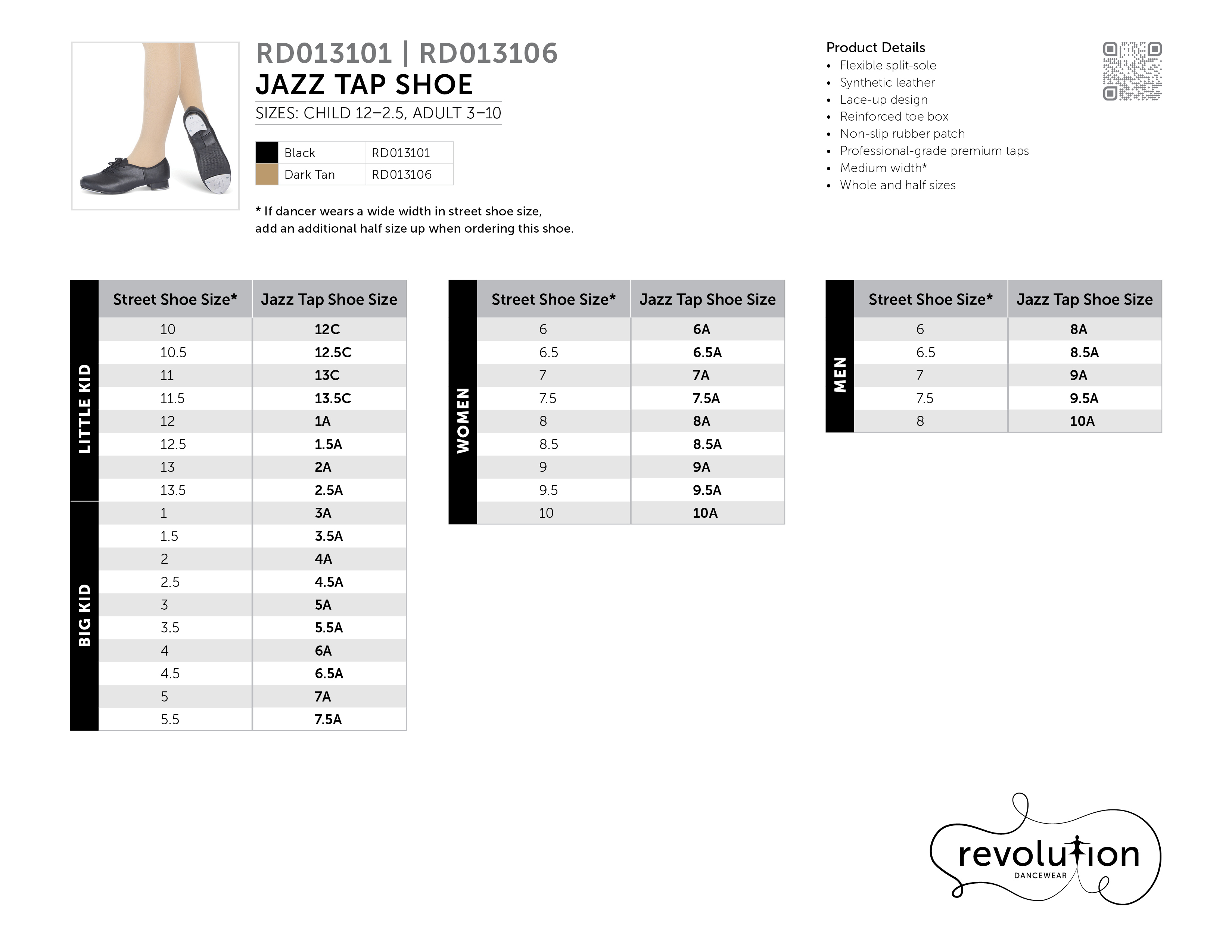 JAZZ TAP SHOE size chart