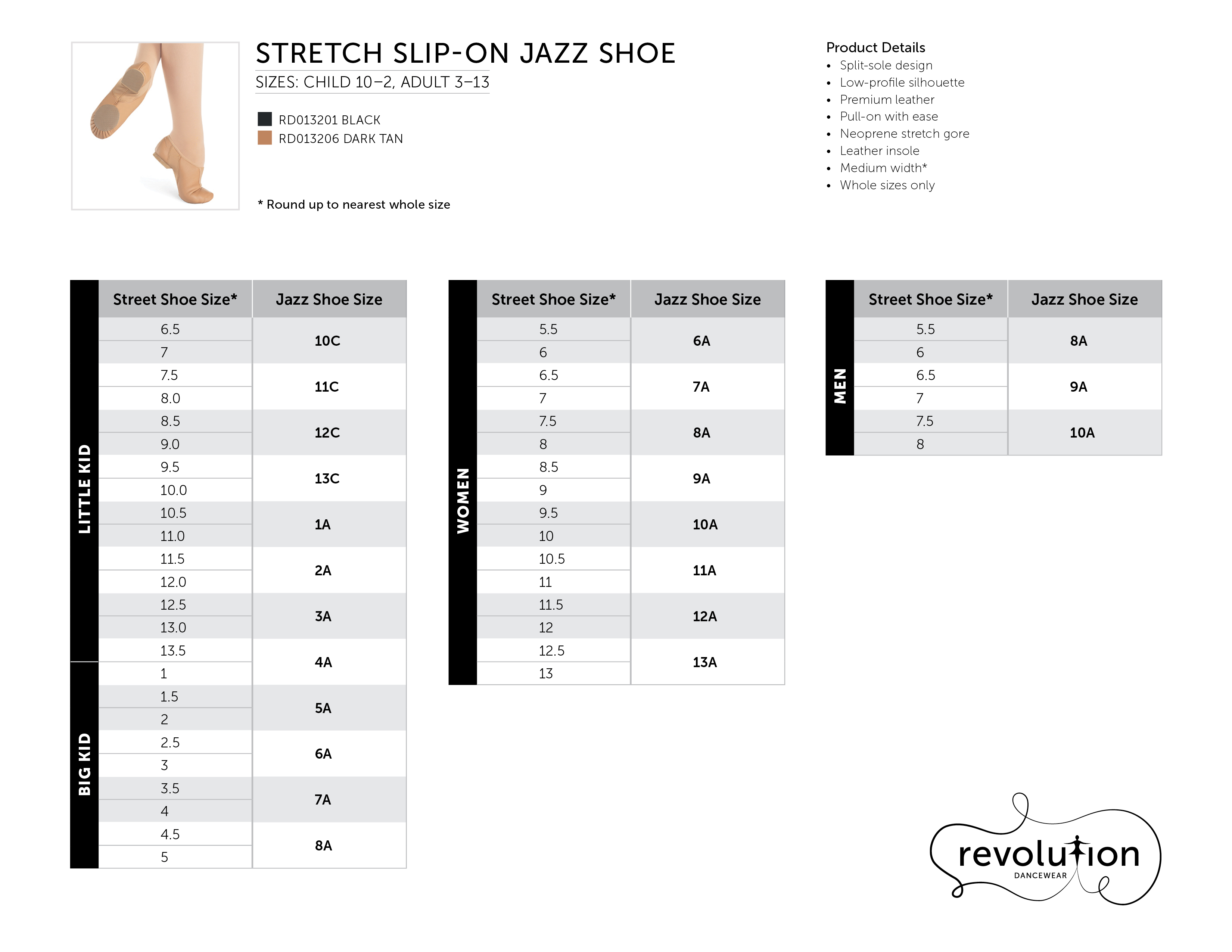 Stretch Slip-On Jazz Shoe size chart