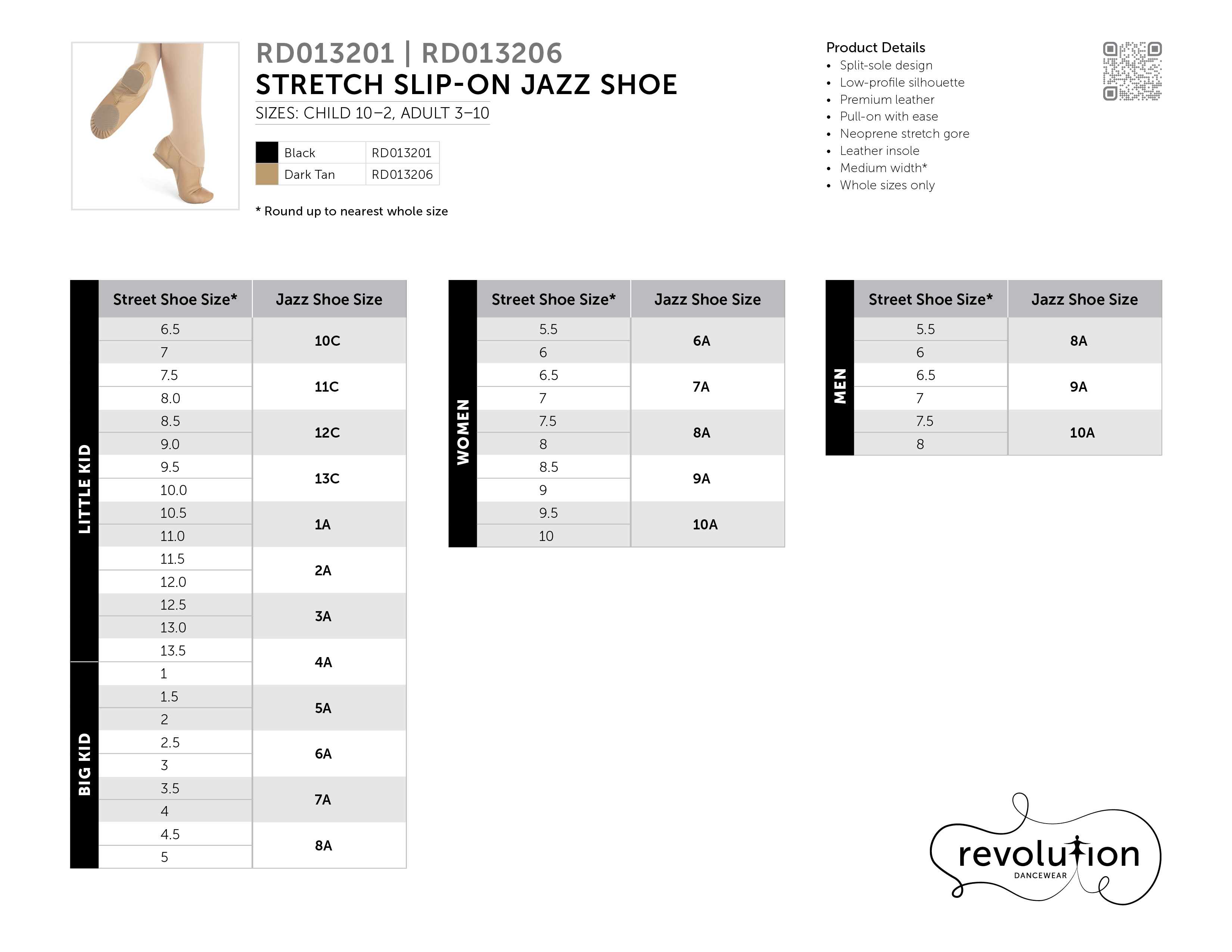 STRETCH SLIP-ON JAZZ SHOE size chart