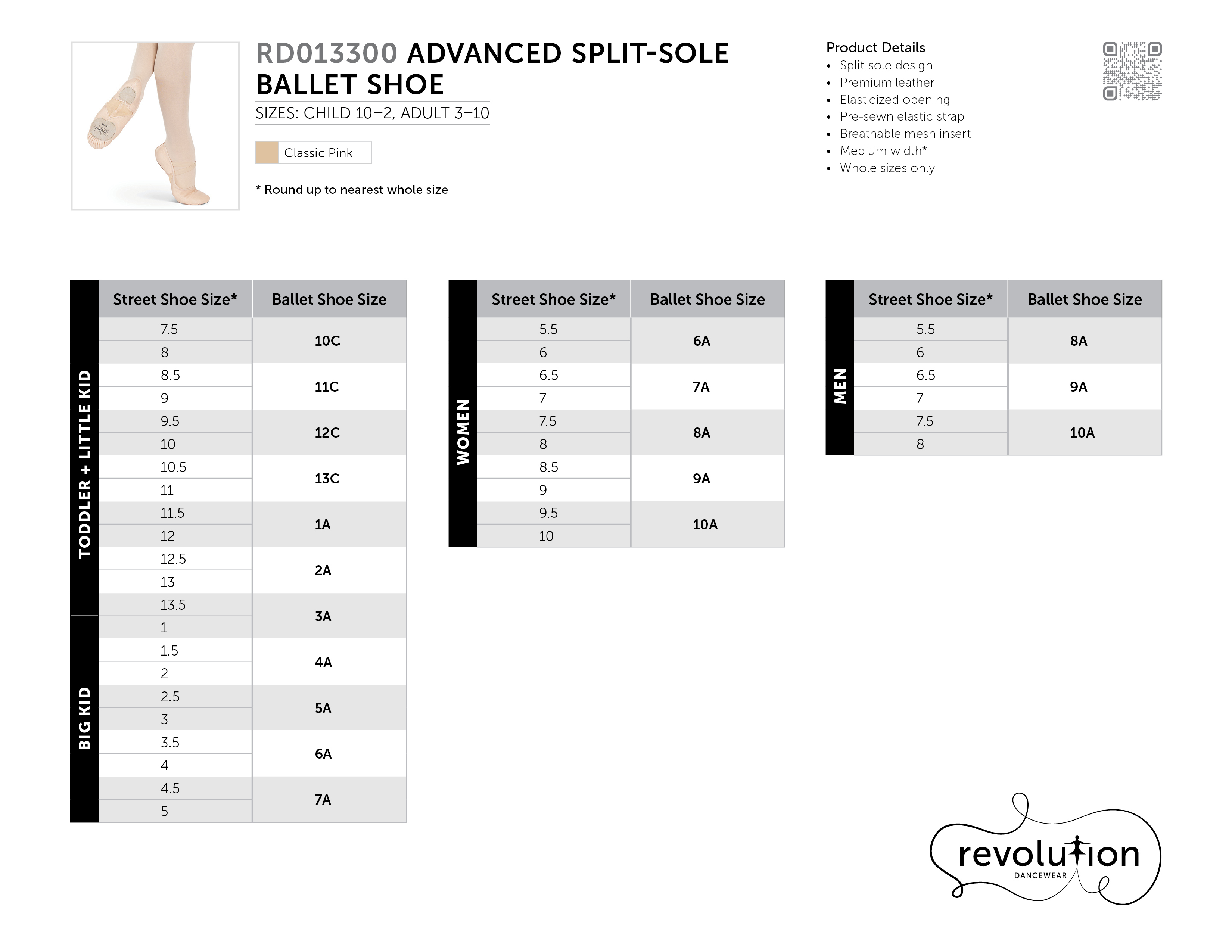 ADVANCED SPLIT-SOLE BALLET SHOE size chart