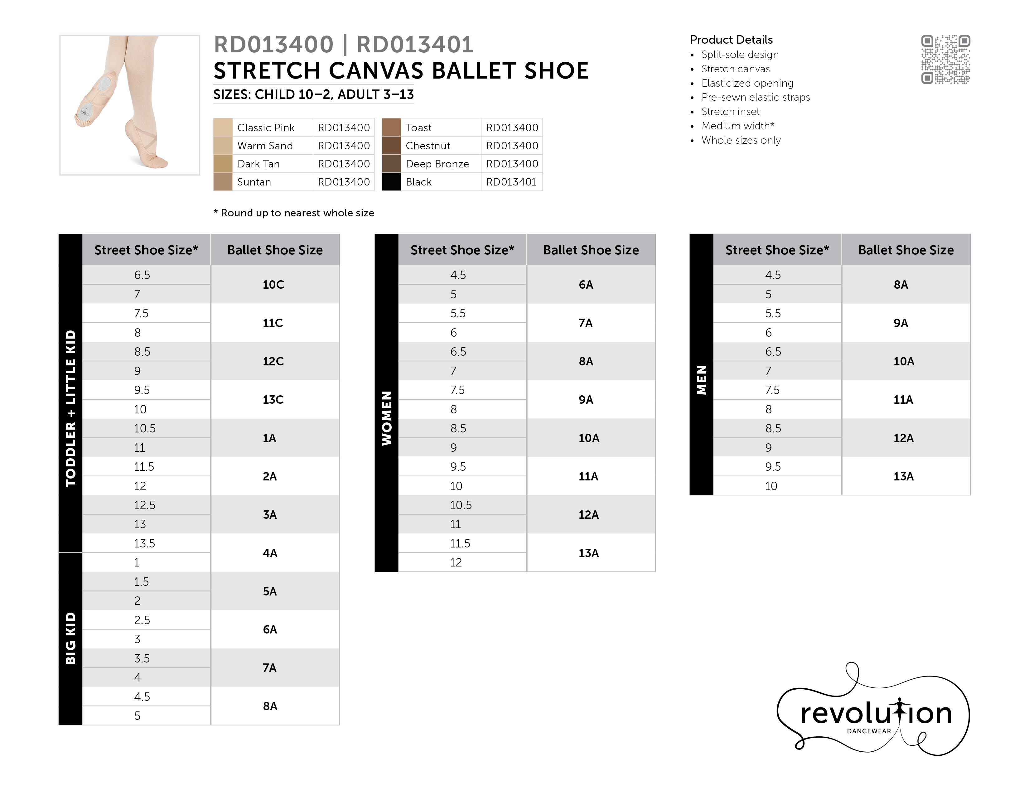STRETCH CANVAS BALLET SHOE SIZING KIT size chart